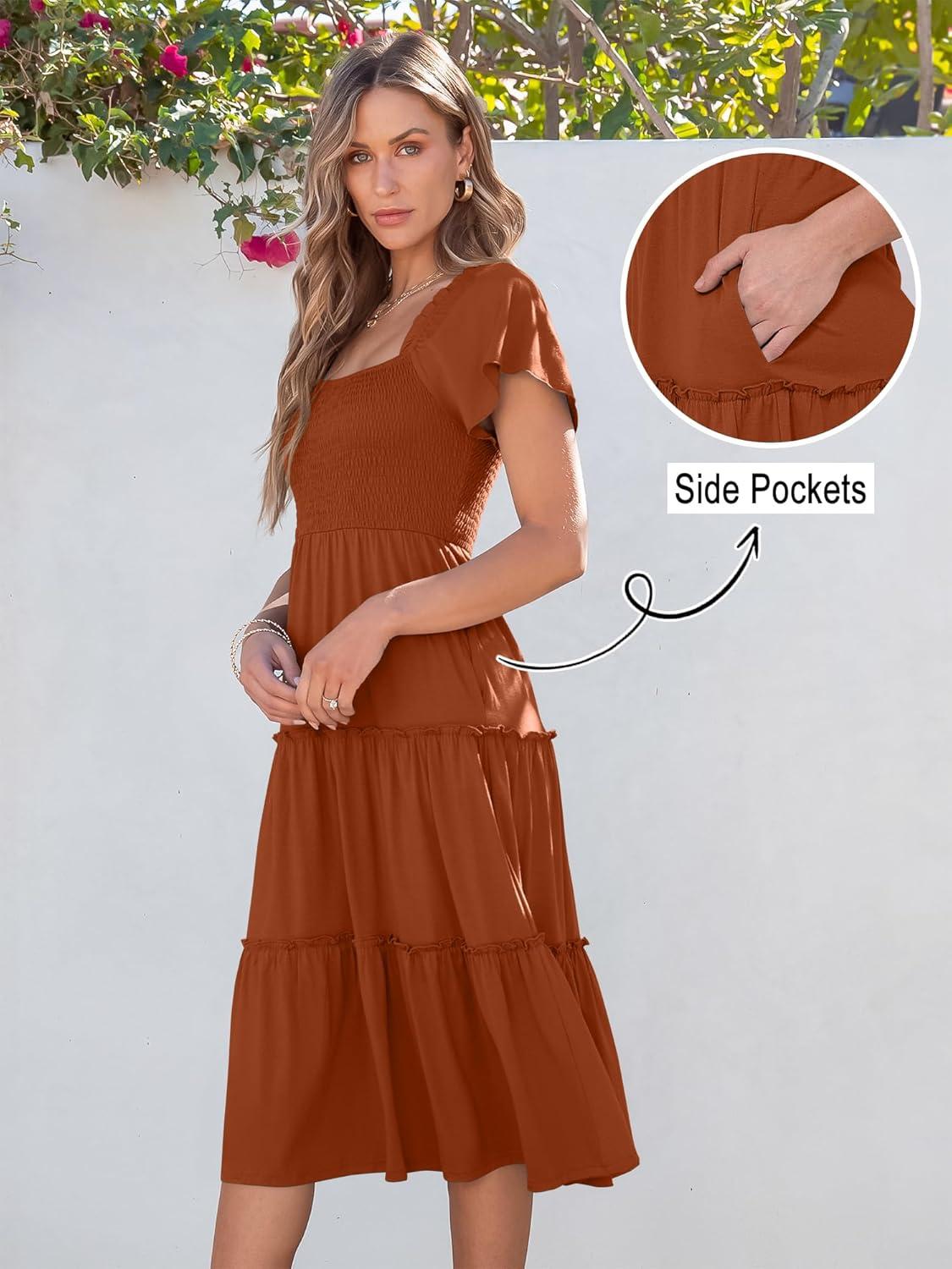 imageANRABESS Women Summer Casual Square Neck Flutter Sleeve Boho Smocked ALine Flowy Tiered Modest Midi Sun Dress with PocketsRust Red