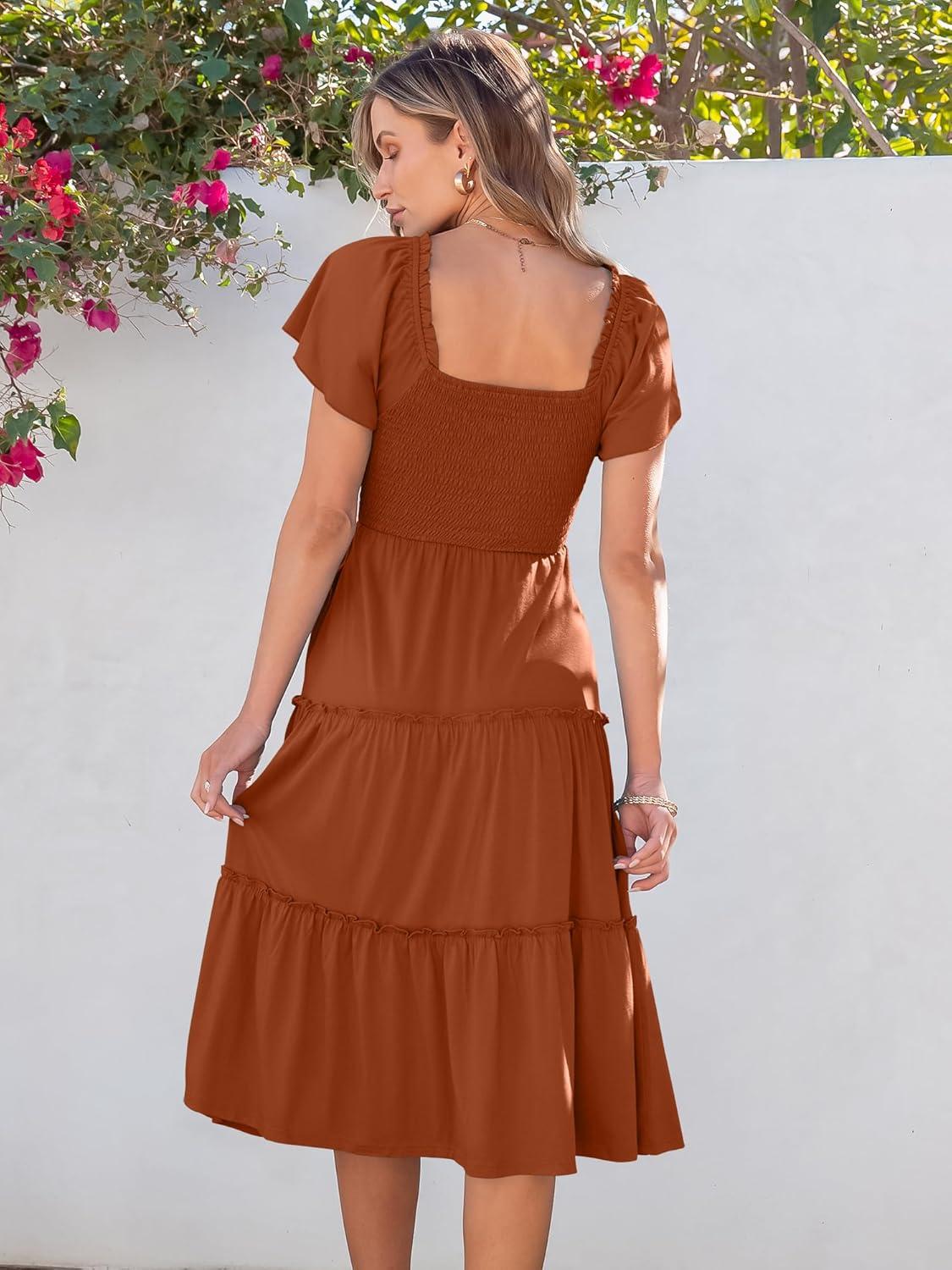 imageANRABESS Women Summer Casual Square Neck Flutter Sleeve Boho Smocked ALine Flowy Tiered Modest Midi Sun Dress with PocketsRust Red