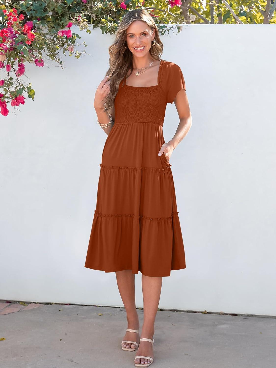 imageANRABESS Women Summer Casual Square Neck Flutter Sleeve Boho Smocked ALine Flowy Tiered Modest Midi Sun Dress with PocketsRust Red