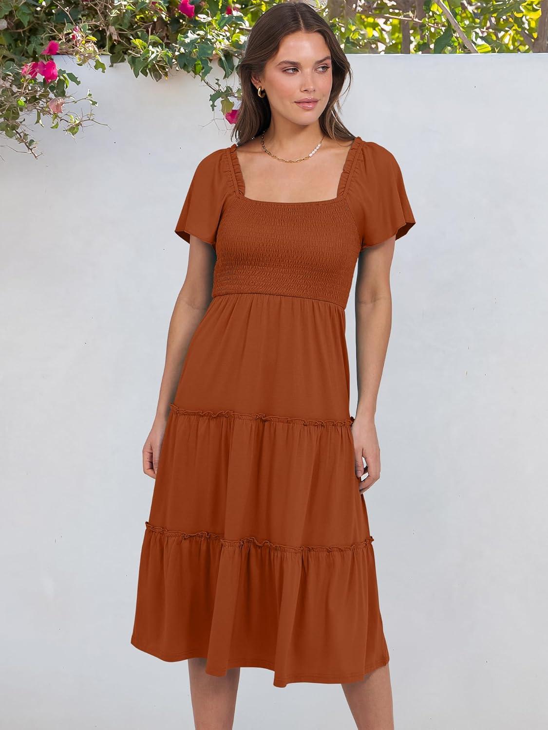 imageANRABESS Women Summer Casual Square Neck Flutter Sleeve Boho Smocked ALine Flowy Tiered Modest Midi Sun Dress with PocketsRust Red