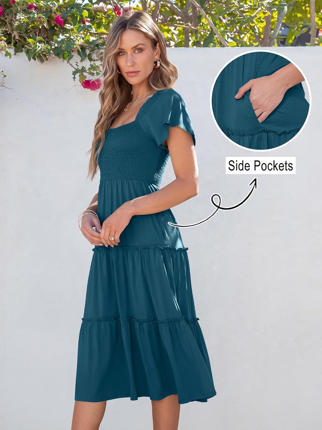 imageANRABESS Women Summer Casual Square Neck Flutter Sleeve Boho Smocked ALine Flowy Tiered Modest Midi Sun Dress with PocketsTeal