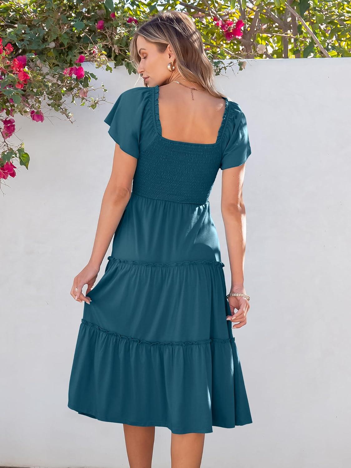 imageANRABESS Women Summer Casual Square Neck Flutter Sleeve Boho Smocked ALine Flowy Tiered Modest Midi Sun Dress with PocketsTeal