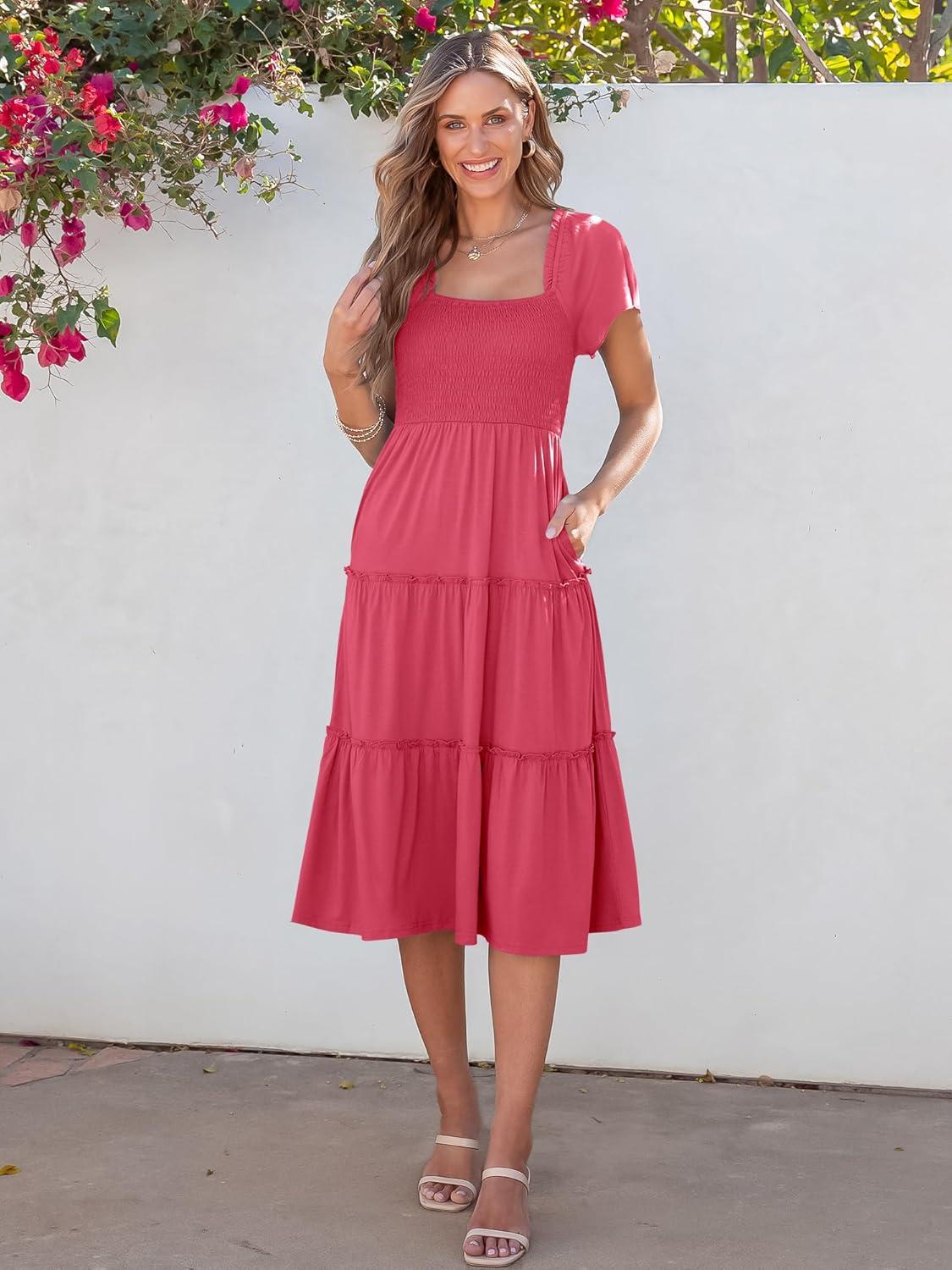 imageANRABESS Women Summer Casual Square Neck Flutter Sleeve Boho Smocked ALine Flowy Tiered Modest Midi Sun Dress with PocketsWatermelon