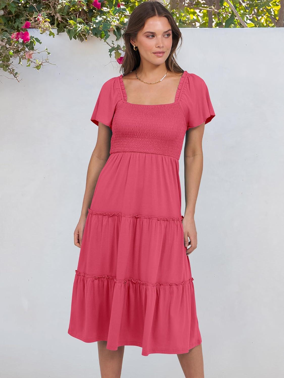 imageANRABESS Women Summer Casual Square Neck Flutter Sleeve Boho Smocked ALine Flowy Tiered Modest Midi Sun Dress with PocketsWatermelon