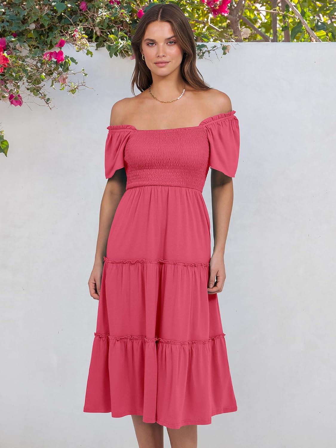 imageANRABESS Women Summer Casual Square Neck Flutter Sleeve Boho Smocked ALine Flowy Tiered Modest Midi Sun Dress with PocketsWatermelon