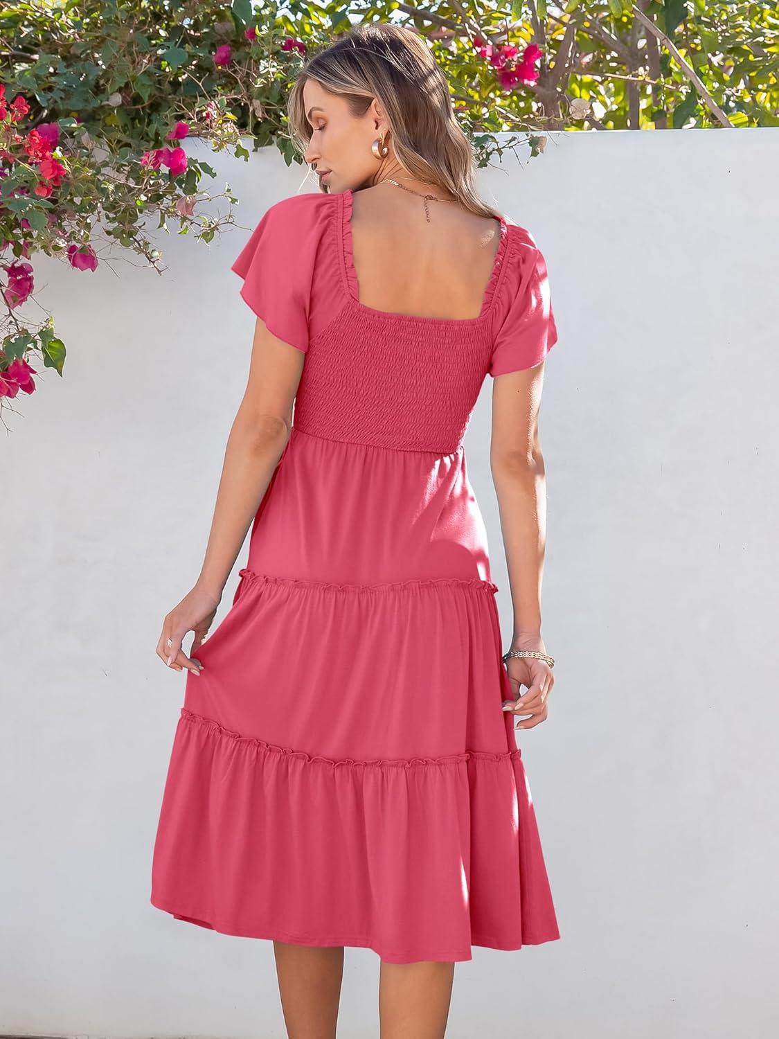 imageANRABESS Women Summer Casual Square Neck Flutter Sleeve Boho Smocked ALine Flowy Tiered Modest Midi Sun Dress with PocketsWatermelon