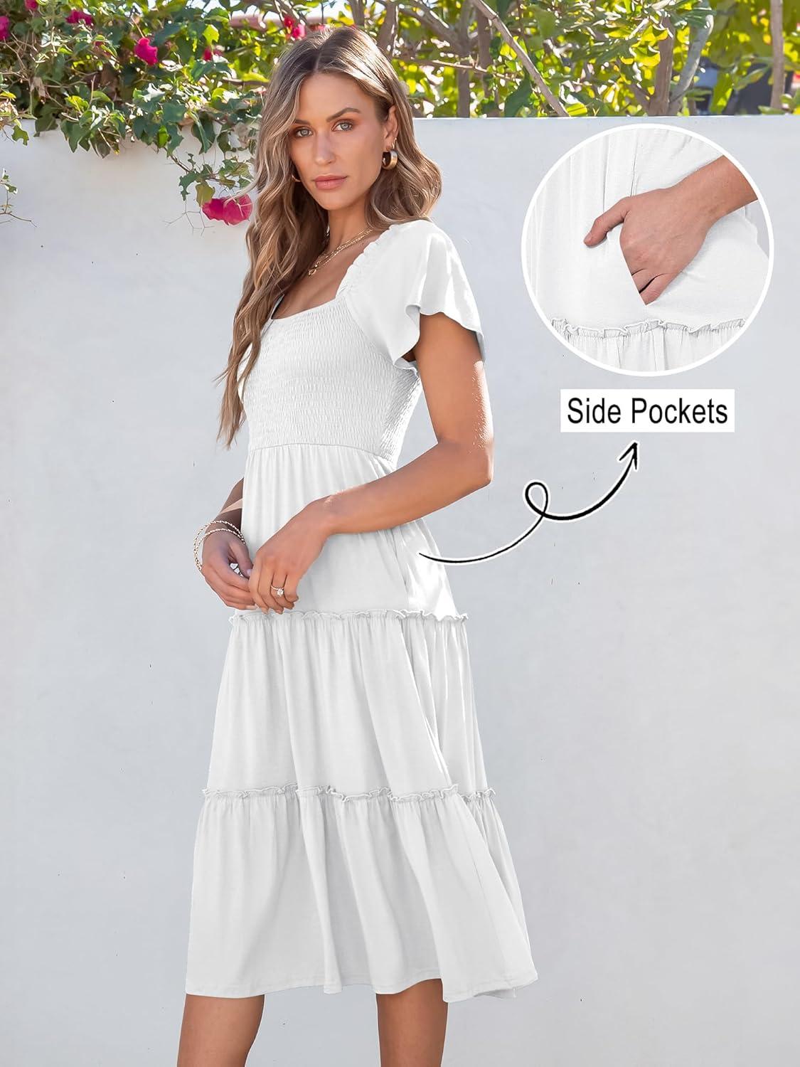 imageANRABESS Women Summer Casual Square Neck Flutter Sleeve Boho Smocked ALine Flowy Tiered Modest Midi Sun Dress with PocketsWhite