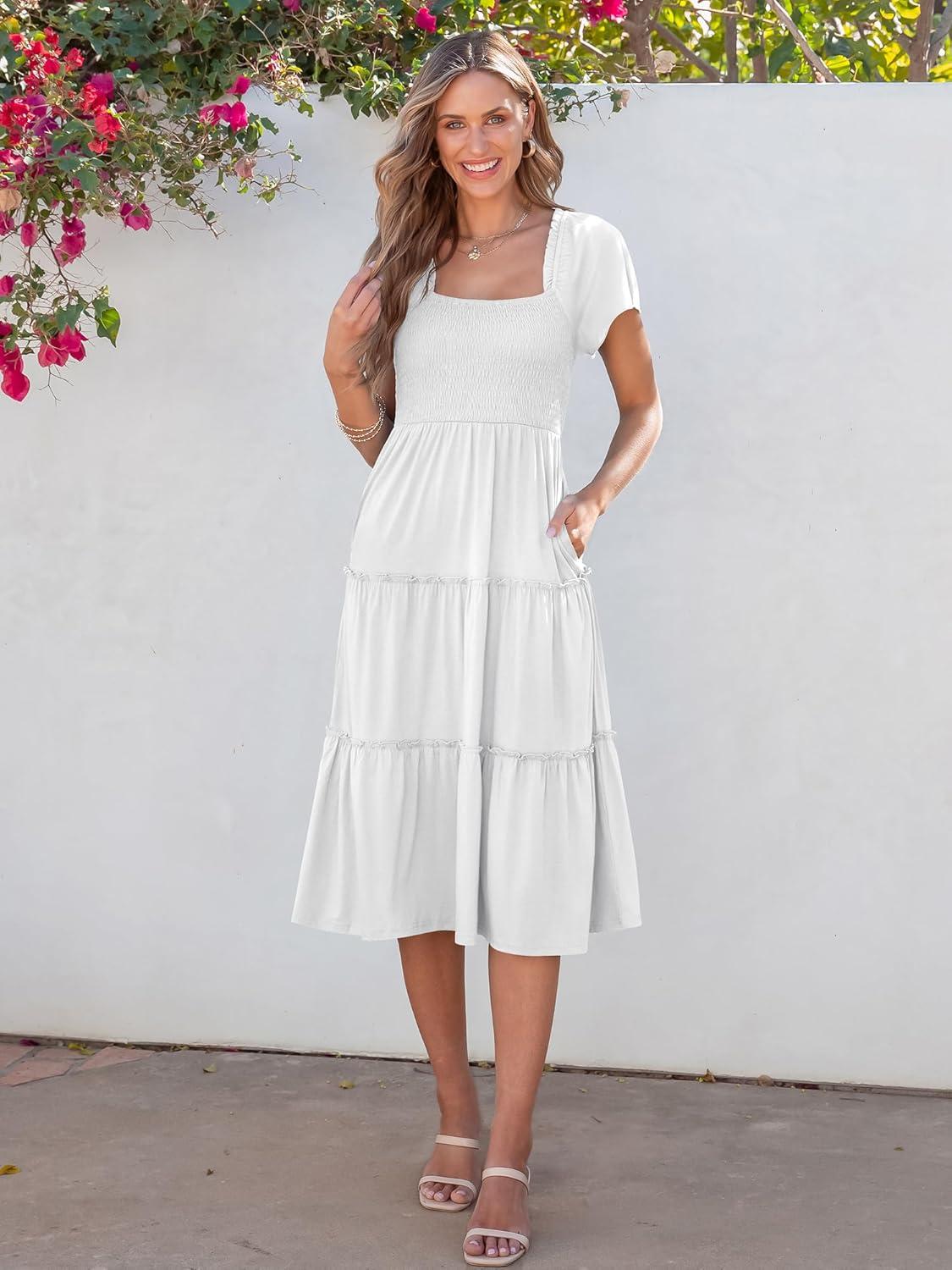 imageANRABESS Women Summer Casual Square Neck Flutter Sleeve Boho Smocked ALine Flowy Tiered Modest Midi Sun Dress with PocketsWhite