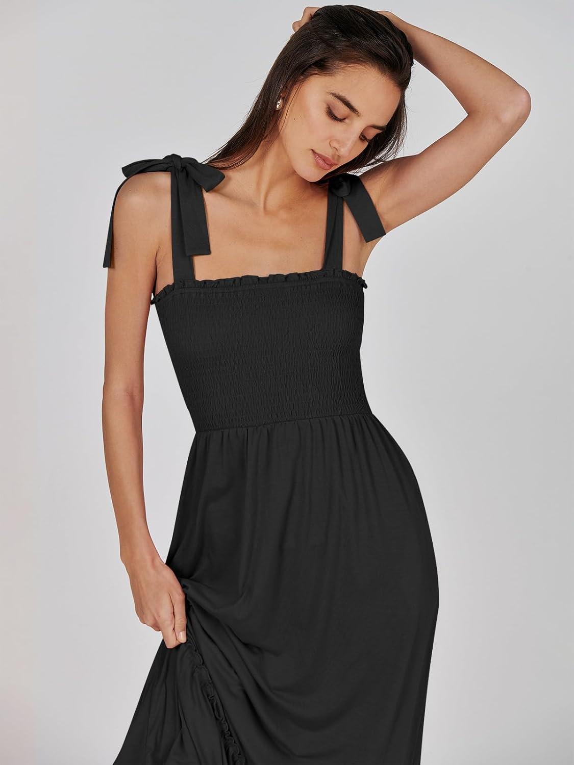 imageANRABESS Women Summer Casual Strap Smocked Maxi Flowy Tiered A Line Beach Travel Sundress Wedding Guest OutfitsBlack