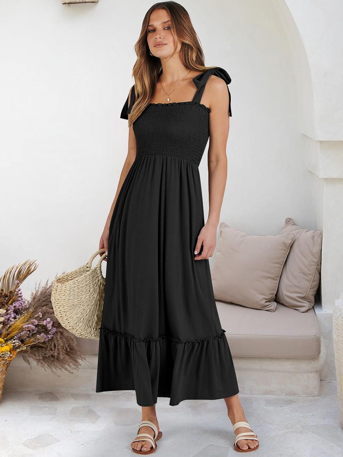 imageANRABESS Women Summer Casual Strap Smocked Maxi Flowy Tiered A Line Beach Travel Sundress Wedding Guest OutfitsBlack