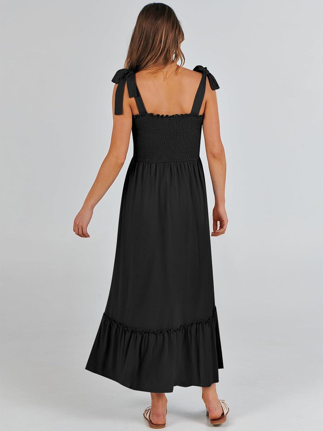 imageANRABESS Women Summer Casual Strap Smocked Maxi Flowy Tiered A Line Beach Travel Sundress Wedding Guest OutfitsBlack