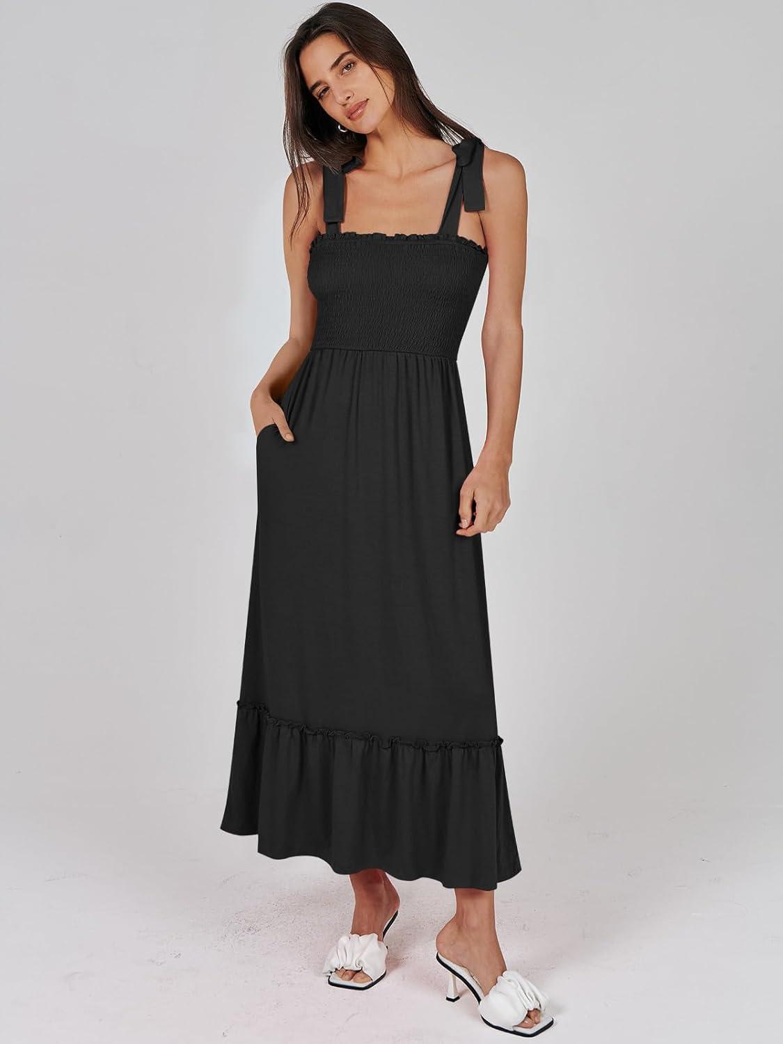 imageANRABESS Women Summer Casual Strap Smocked Maxi Flowy Tiered A Line Beach Travel Sundress Wedding Guest OutfitsBlack