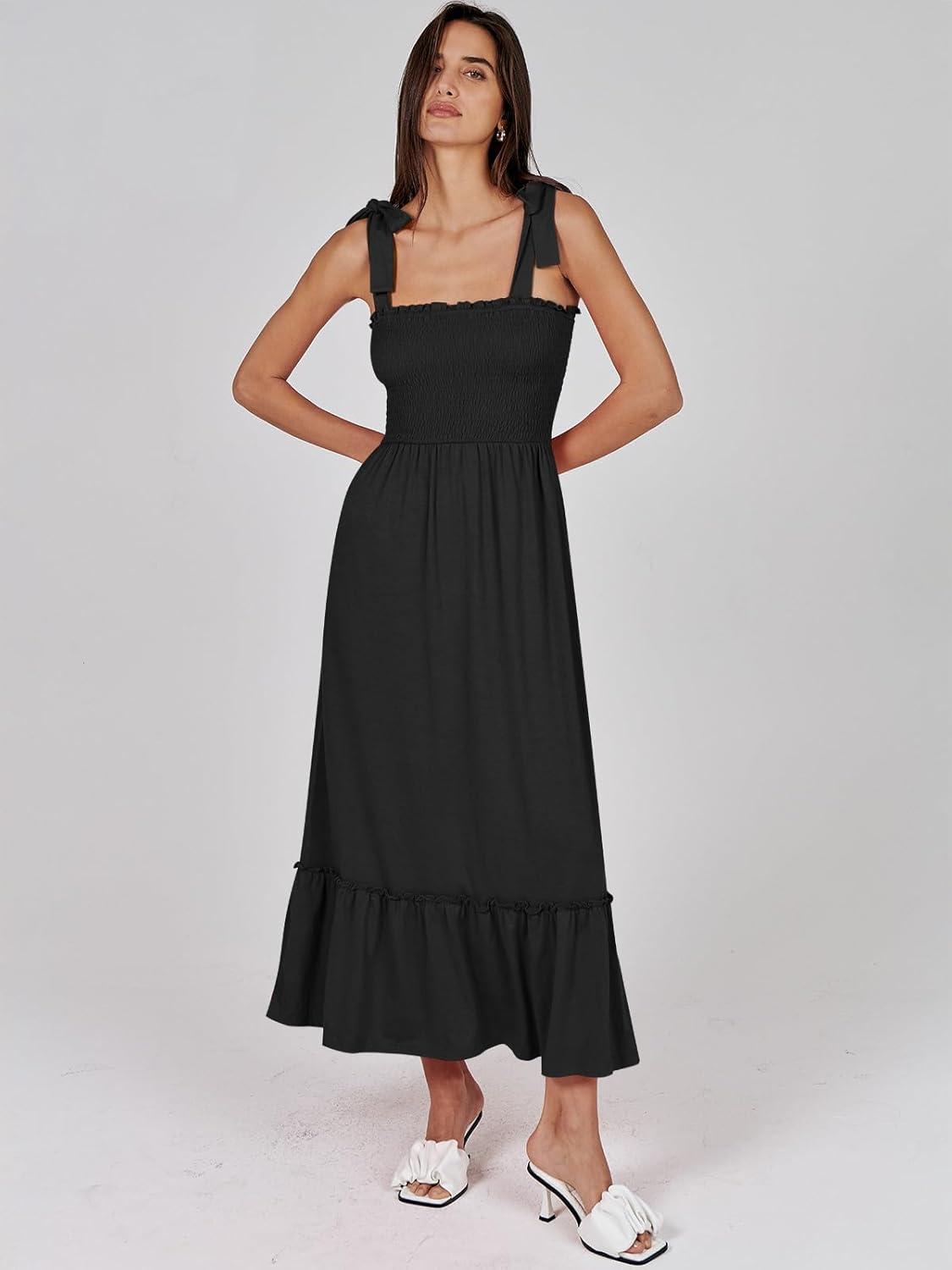 imageANRABESS Women Summer Casual Strap Smocked Maxi Flowy Tiered A Line Beach Travel Sundress Wedding Guest OutfitsBlack