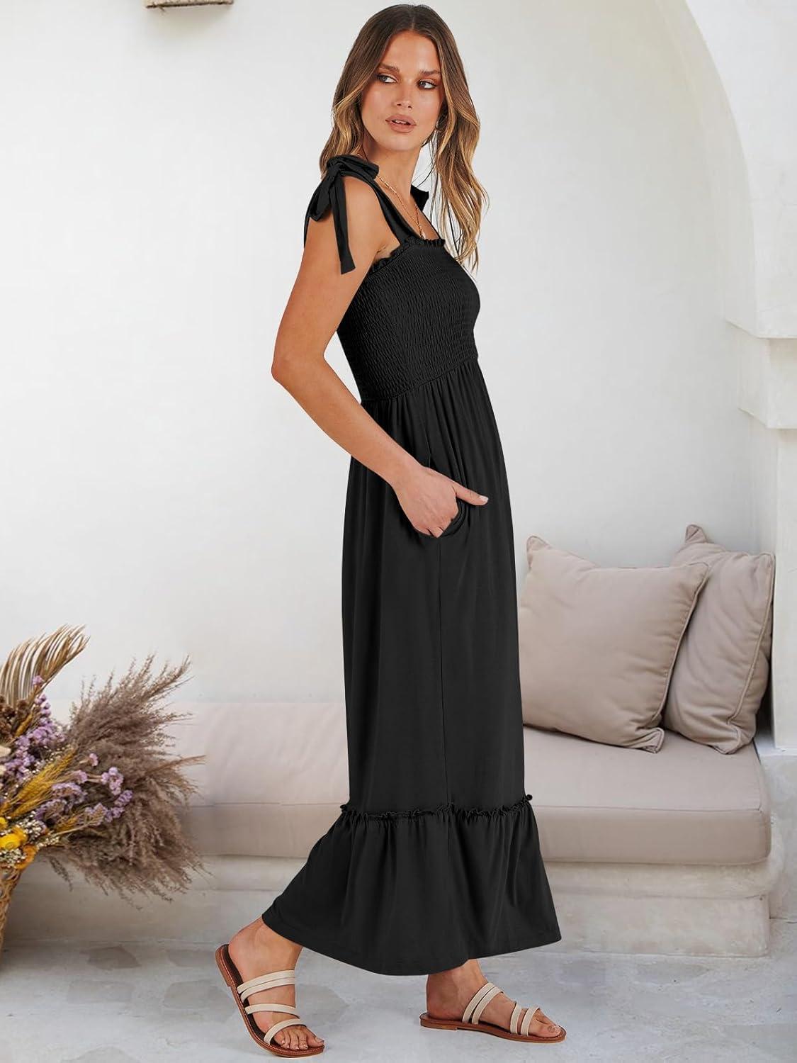 imageANRABESS Women Summer Casual Strap Smocked Maxi Flowy Tiered A Line Beach Travel Sundress Wedding Guest OutfitsBlack