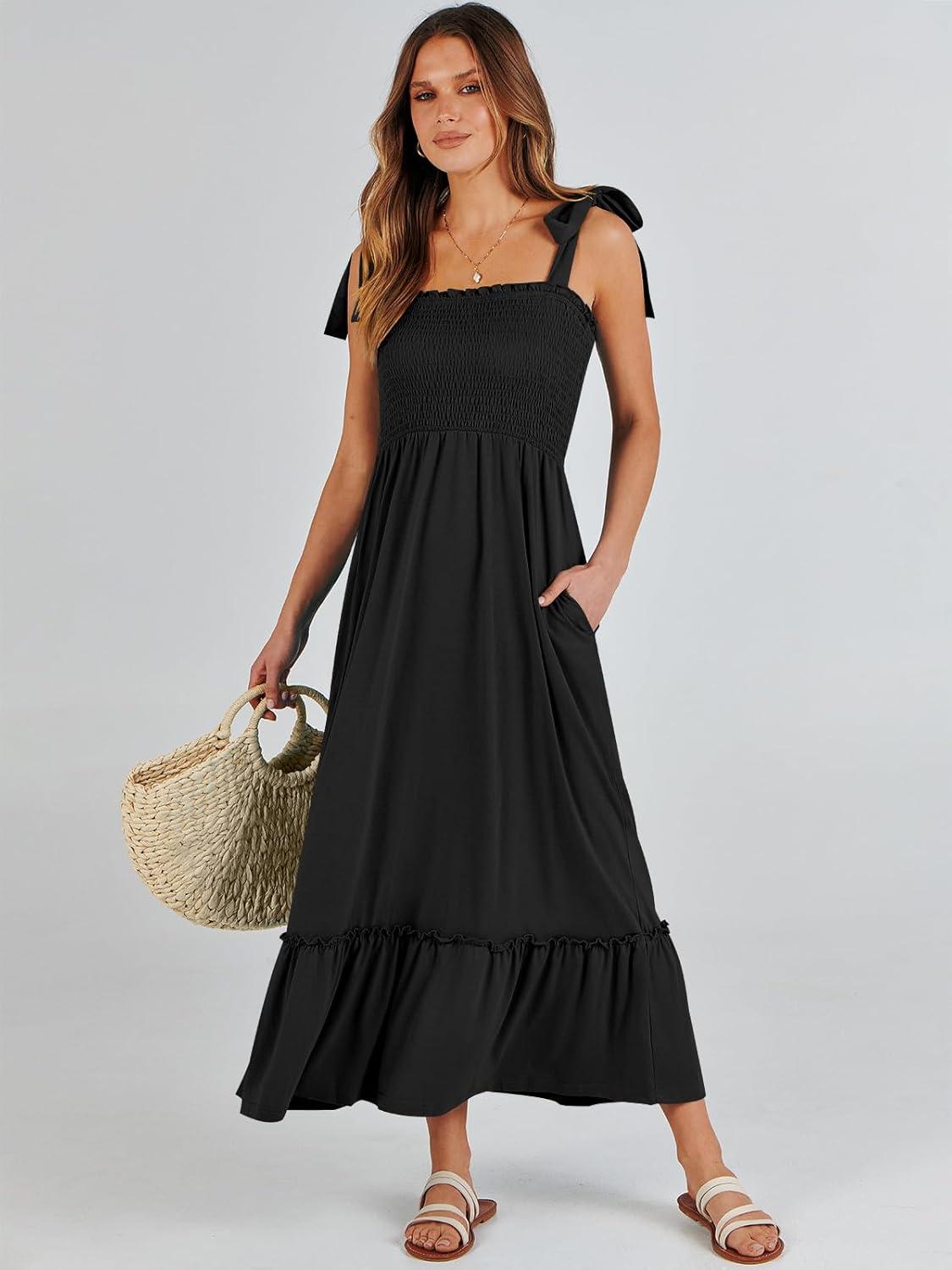 imageANRABESS Women Summer Casual Strap Smocked Maxi Flowy Tiered A Line Beach Travel Sundress Wedding Guest OutfitsBlack