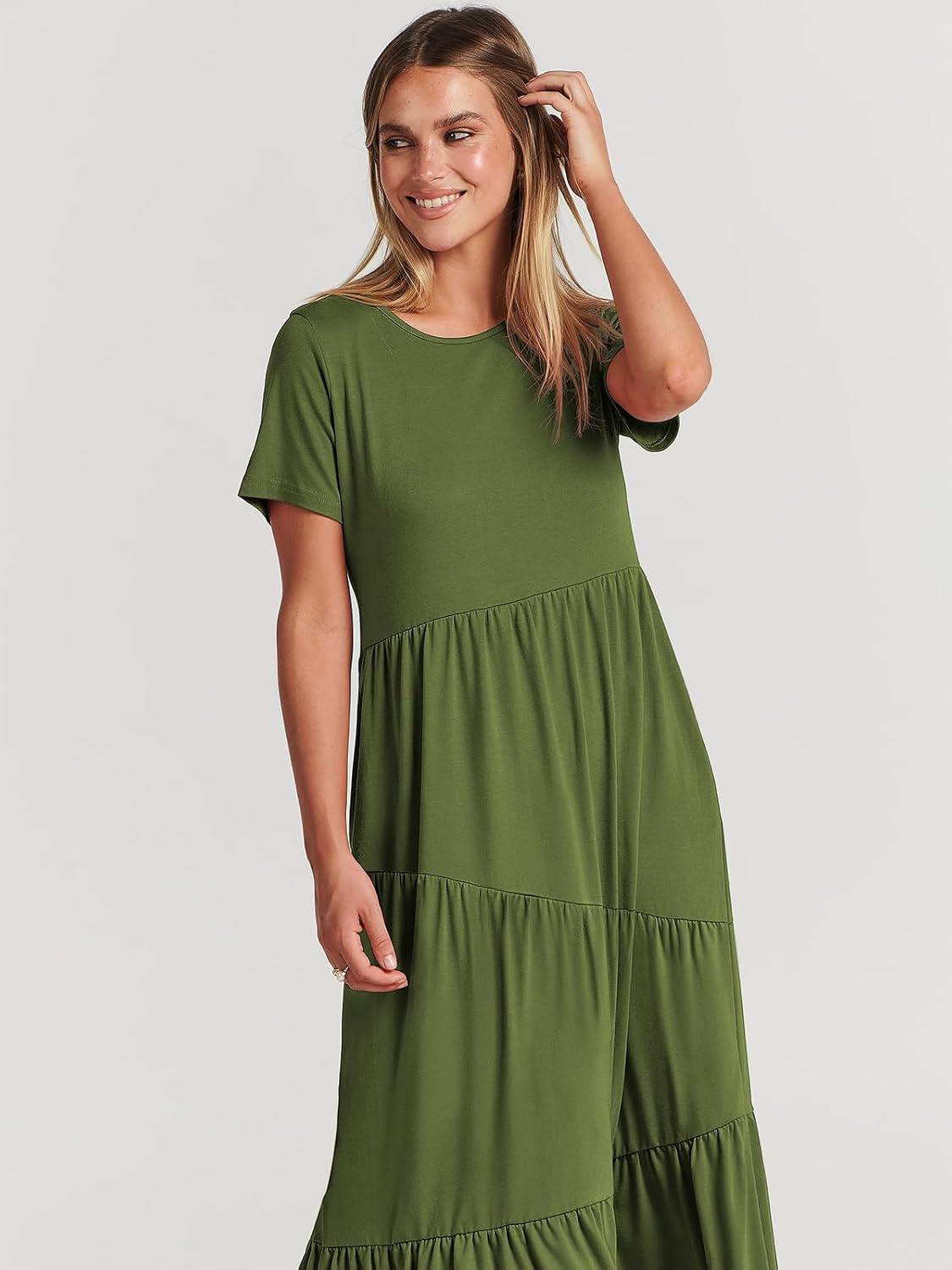 imageANRABESS Women Summer Maxi Dress Short Sleeve Swing Casual Asymmetric Tiered Vacation Long Beach Sundress OutfitsArmy Green