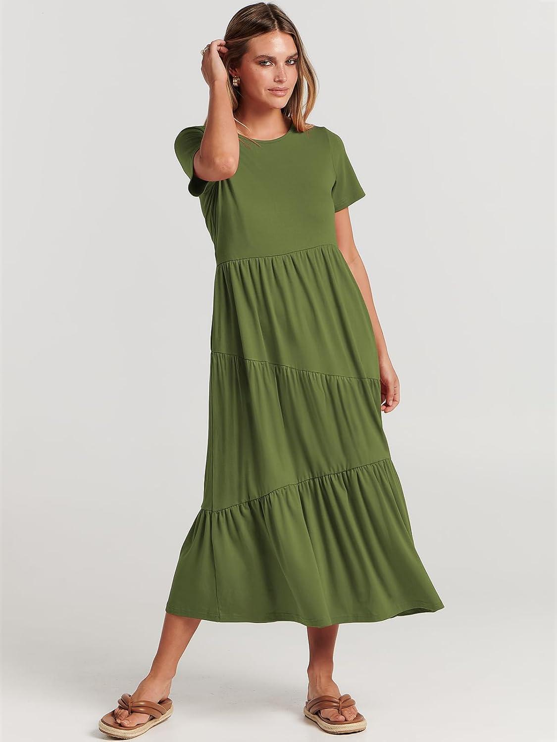 imageANRABESS Women Summer Maxi Dress Short Sleeve Swing Casual Asymmetric Tiered Vacation Long Beach Sundress OutfitsArmy Green