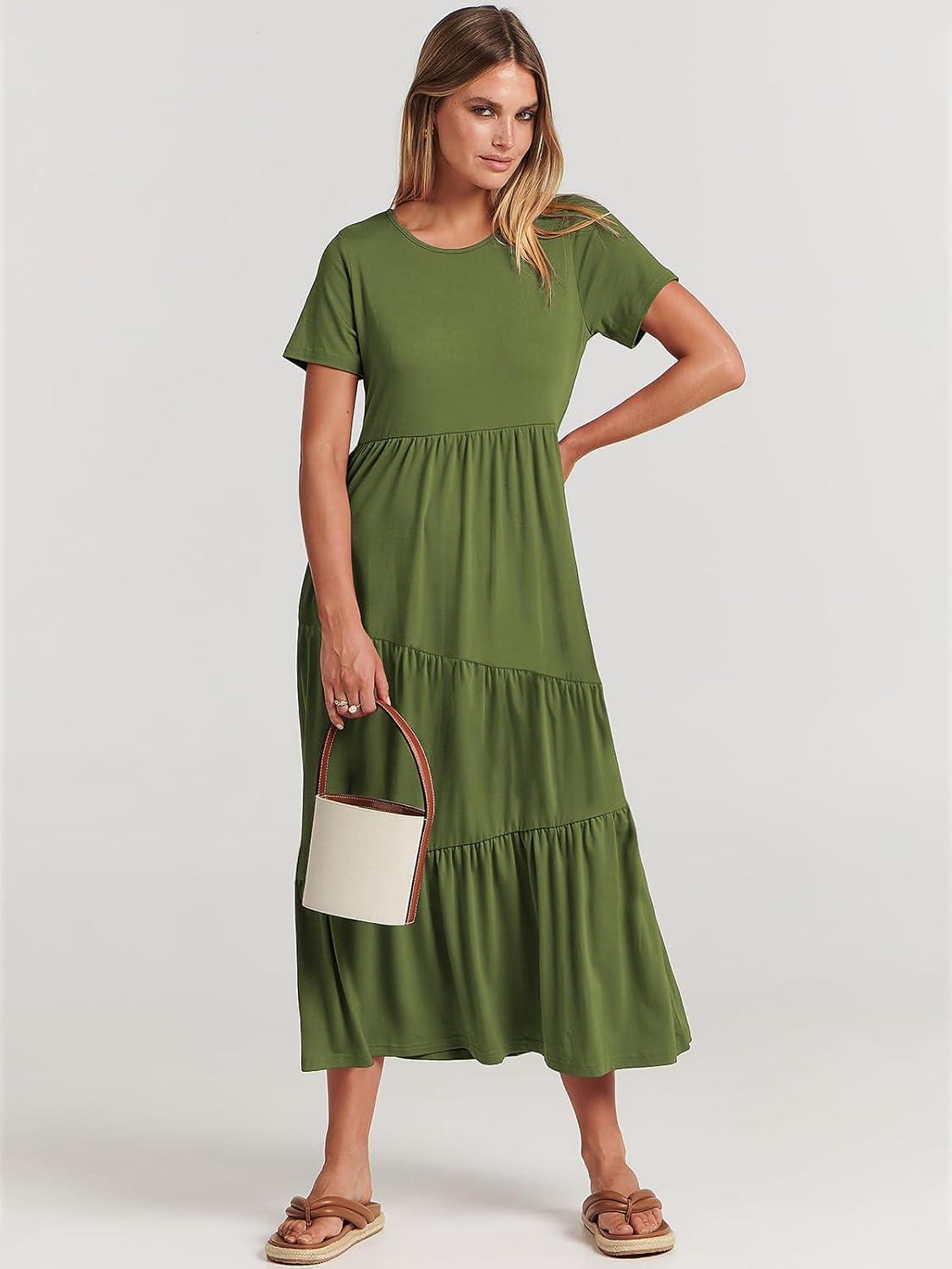 imageANRABESS Women Summer Maxi Dress Short Sleeve Swing Casual Asymmetric Tiered Vacation Long Beach Sundress OutfitsArmy Green