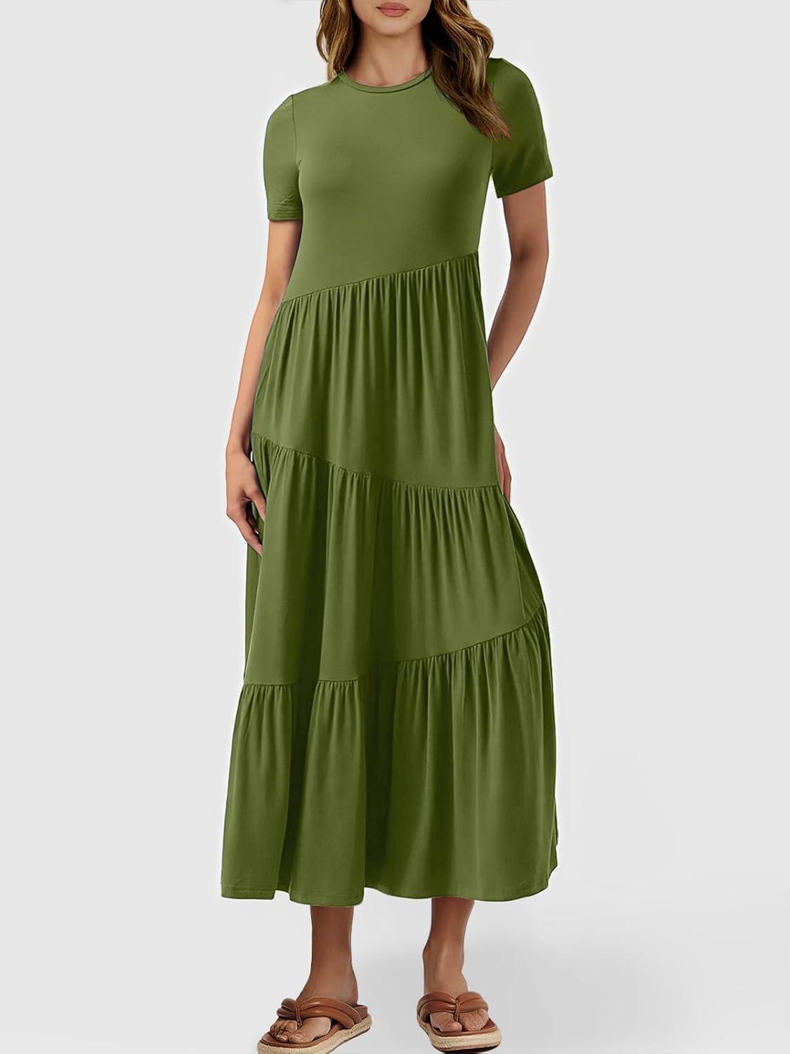 imageANRABESS Women Summer Maxi Dress Short Sleeve Swing Casual Asymmetric Tiered Vacation Long Beach Sundress OutfitsArmy Green