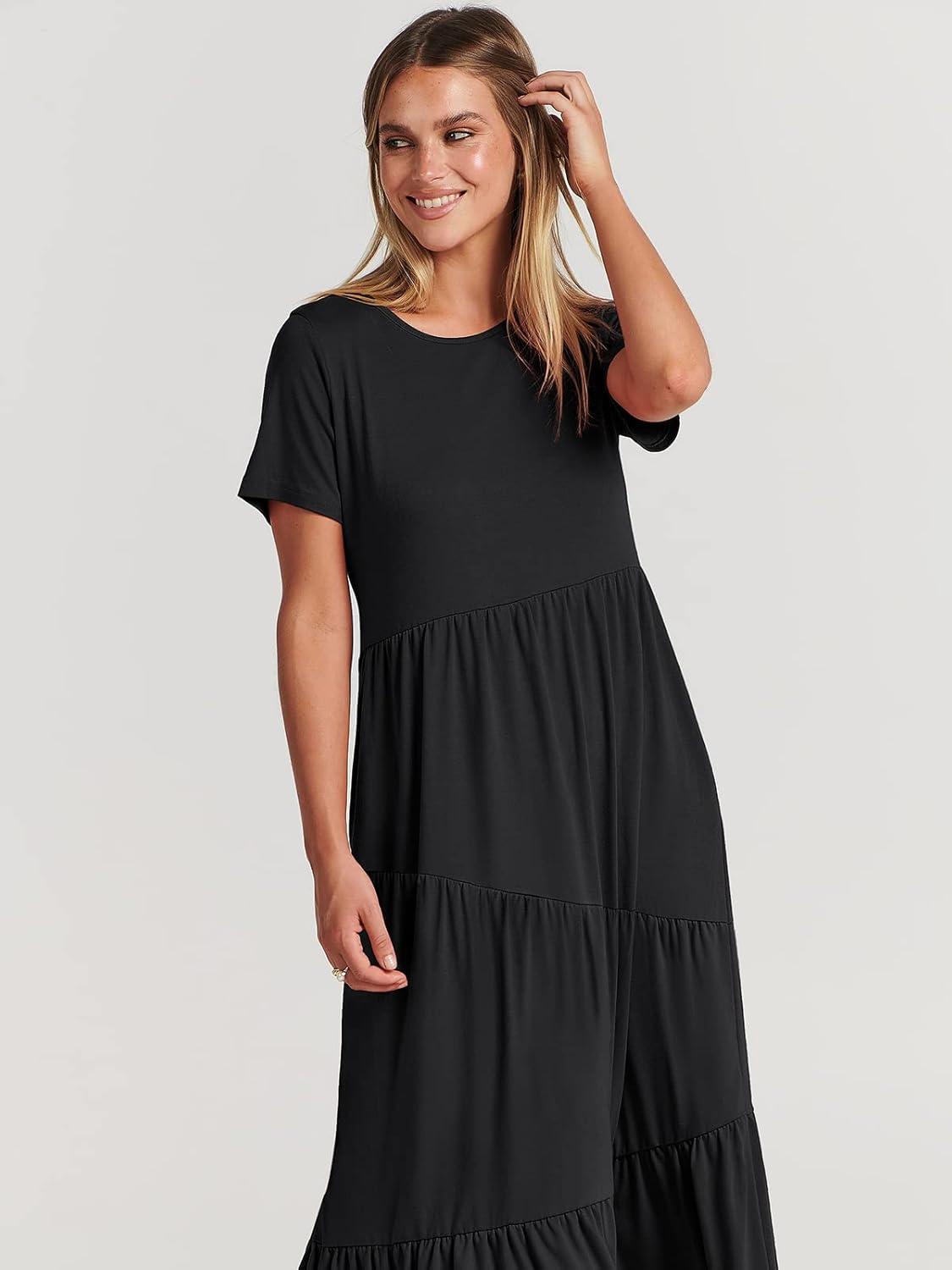 imageANRABESS Women Summer Maxi Dress Short Sleeve Swing Casual Asymmetric Tiered Vacation Long Beach Sundress OutfitsBlack