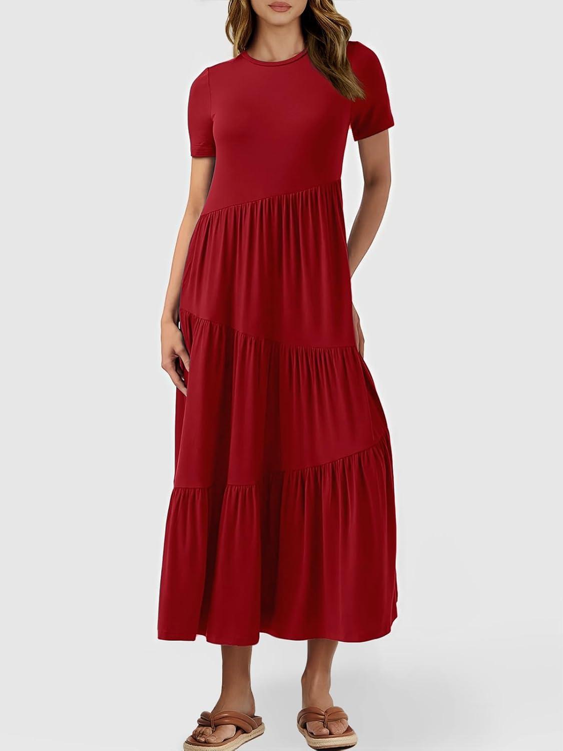 imageANRABESS Women Summer Maxi Dress Short Sleeve Swing Casual Asymmetric Tiered Vacation Long Beach Sundress OutfitsBurgundy