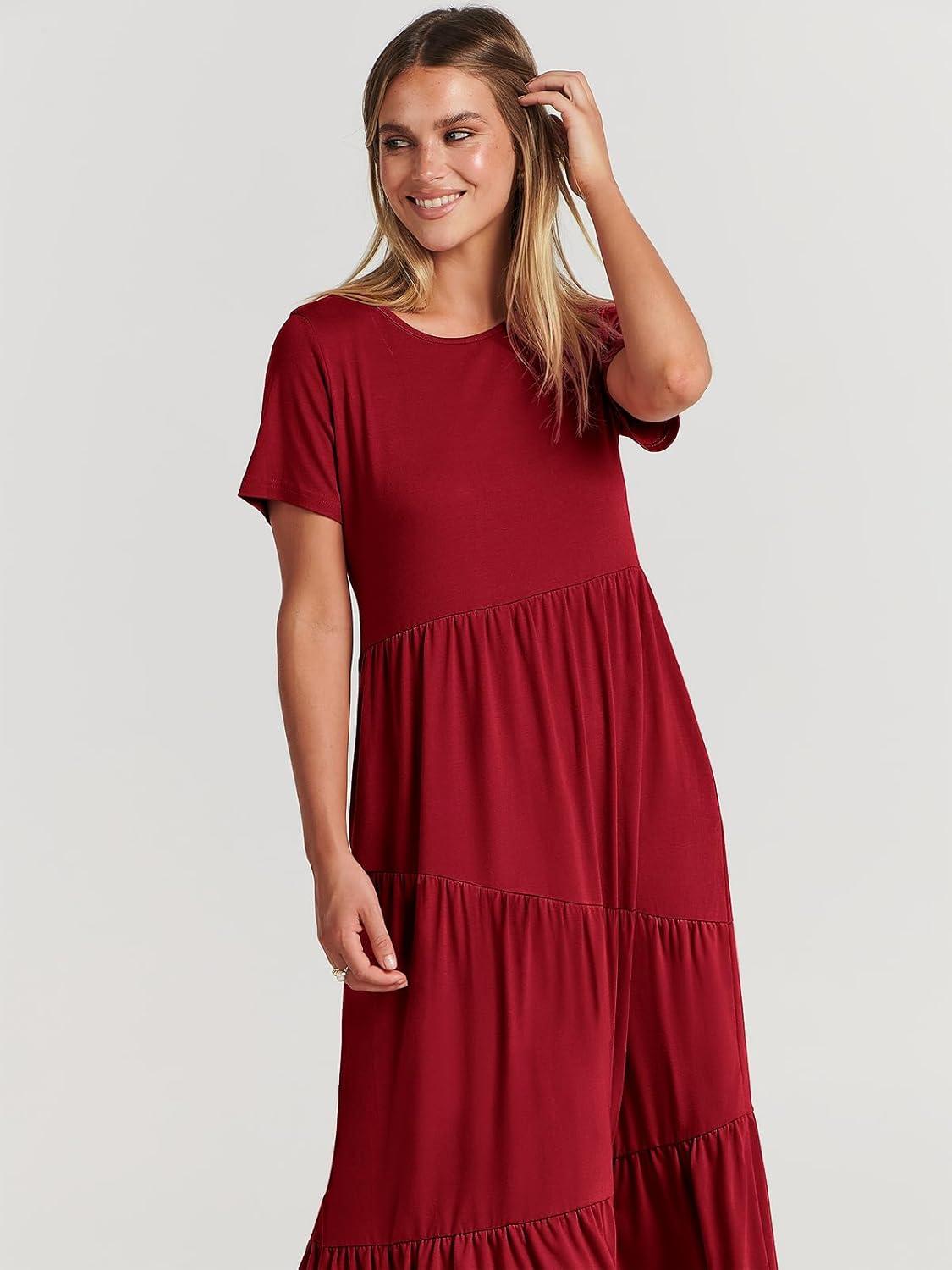 imageANRABESS Women Summer Maxi Dress Short Sleeve Swing Casual Asymmetric Tiered Vacation Long Beach Sundress OutfitsBurgundy