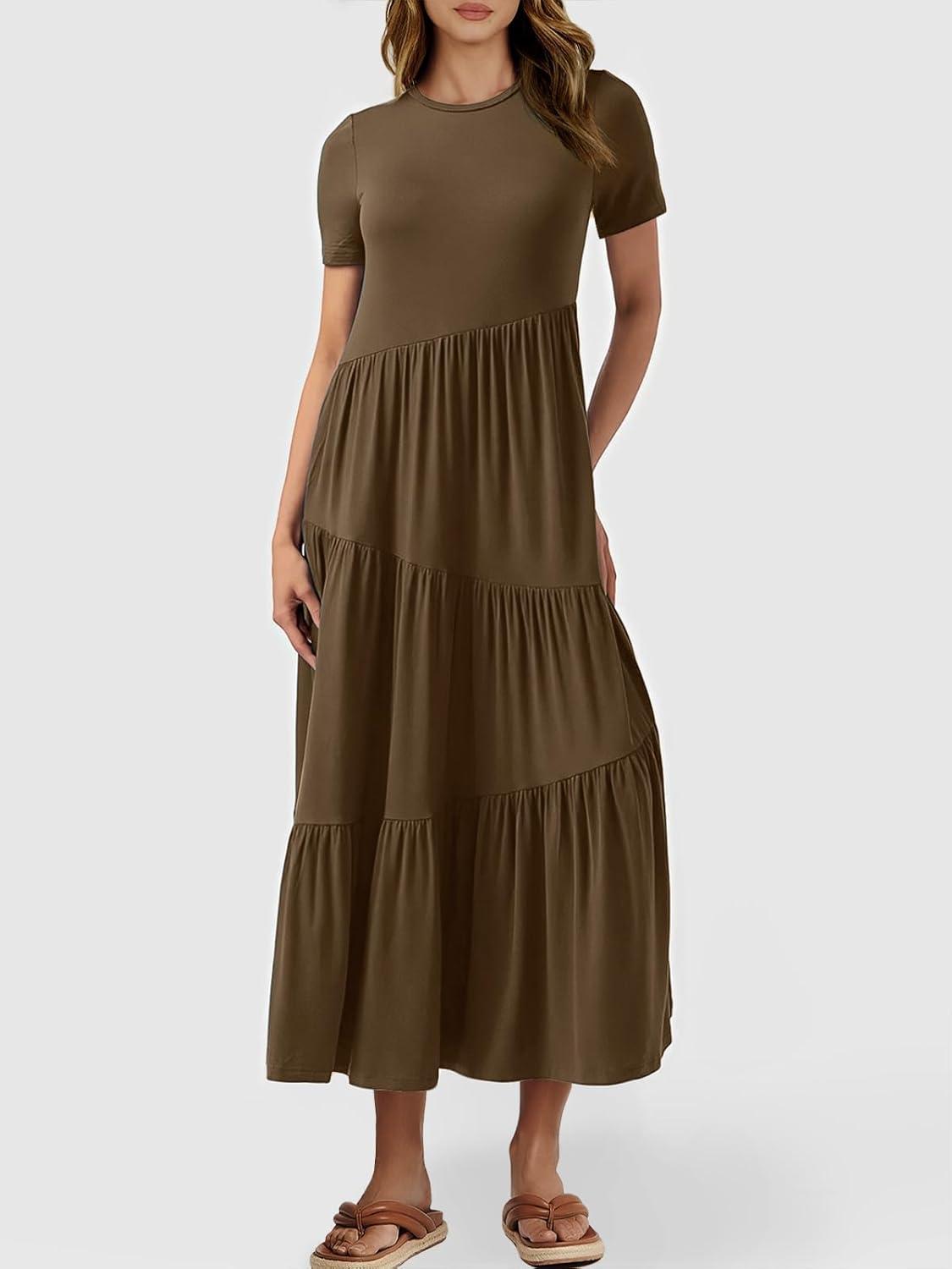 imageANRABESS Women Summer Maxi Dress Short Sleeve Swing Casual Asymmetric Tiered Vacation Long Beach Sundress OutfitsCoffee