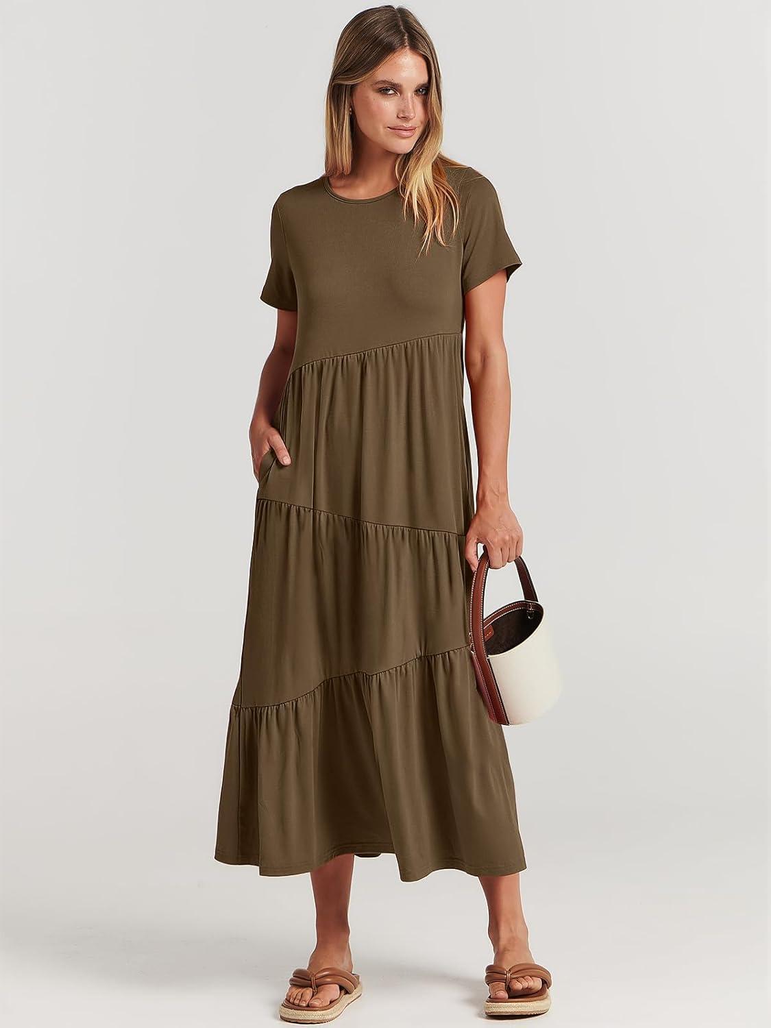 imageANRABESS Women Summer Maxi Dress Short Sleeve Swing Casual Asymmetric Tiered Vacation Long Beach Sundress OutfitsCoffee