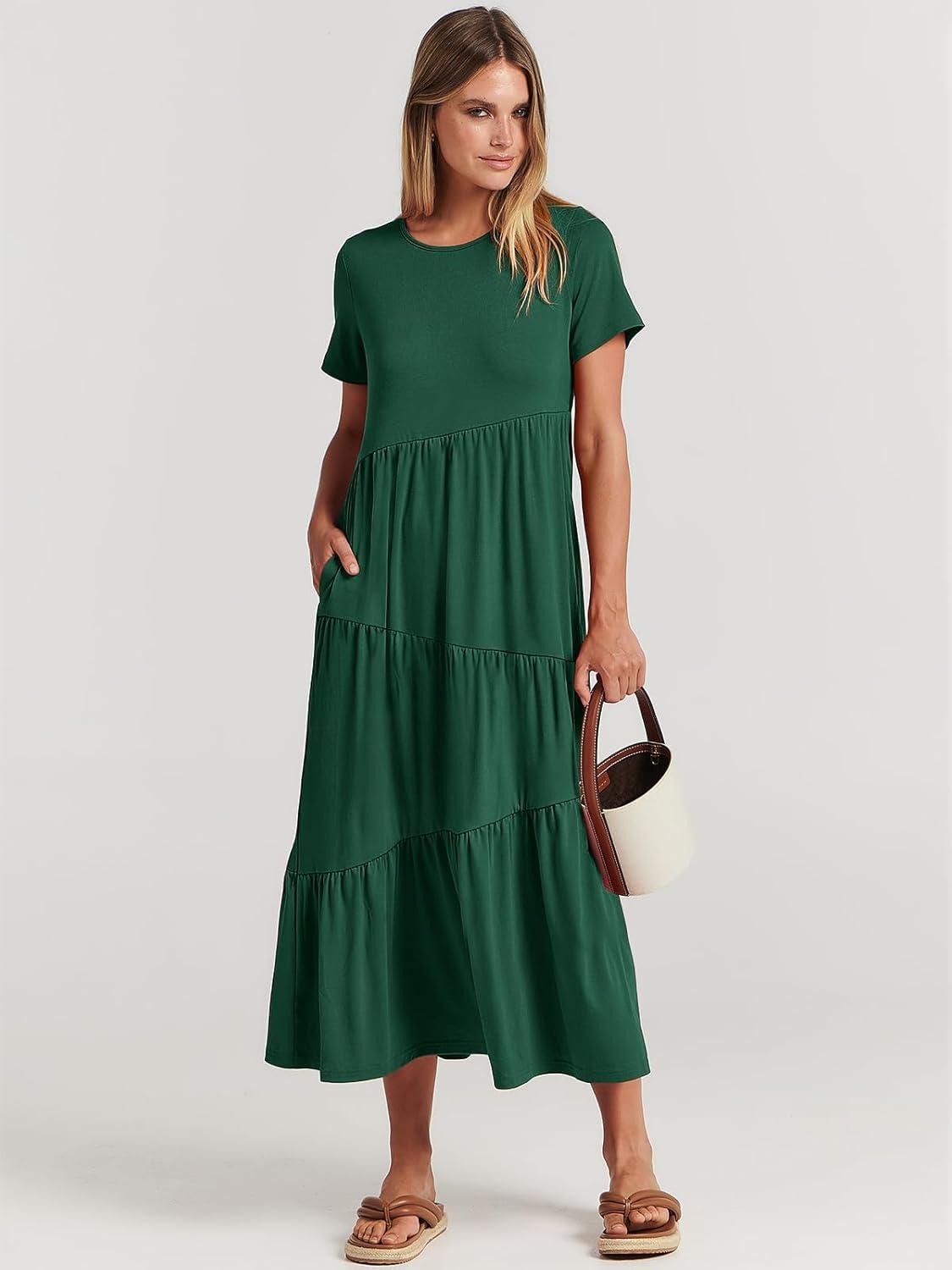 imageANRABESS Women Summer Maxi Dress Short Sleeve Swing Casual Asymmetric Tiered Vacation Long Beach Sundress OutfitsDeep Green