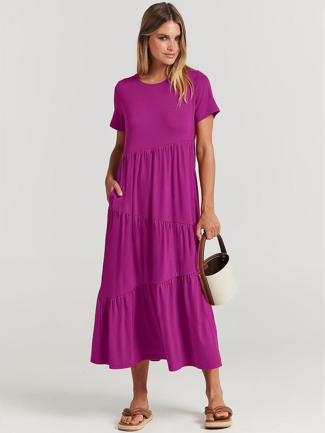 imageANRABESS Women Summer Maxi Dress Short Sleeve Swing Casual Asymmetric Tiered Vacation Long Beach Sundress OutfitsFuchsia