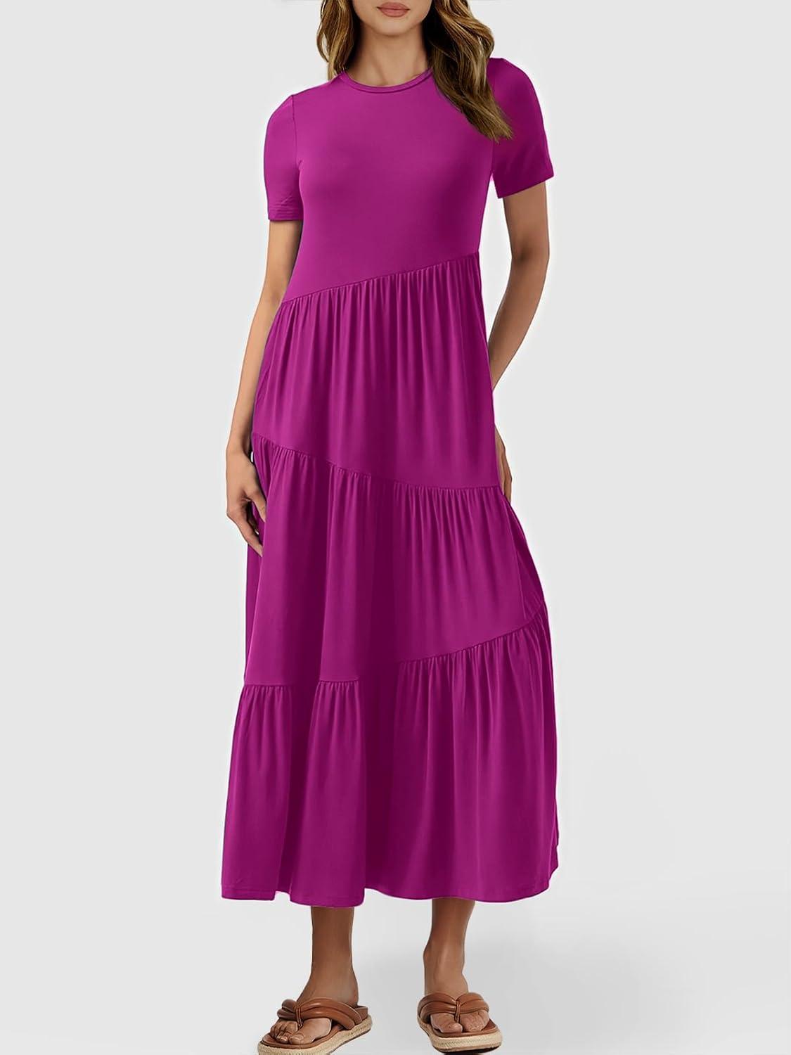 imageANRABESS Women Summer Maxi Dress Short Sleeve Swing Casual Asymmetric Tiered Vacation Long Beach Sundress OutfitsFuchsia