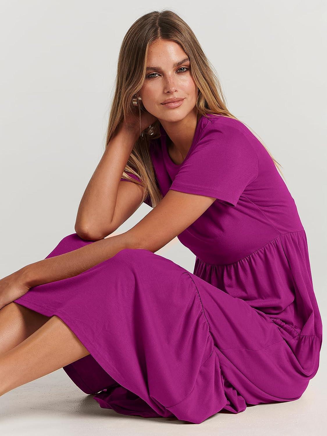 imageANRABESS Women Summer Maxi Dress Short Sleeve Swing Casual Asymmetric Tiered Vacation Long Beach Sundress OutfitsFuchsia