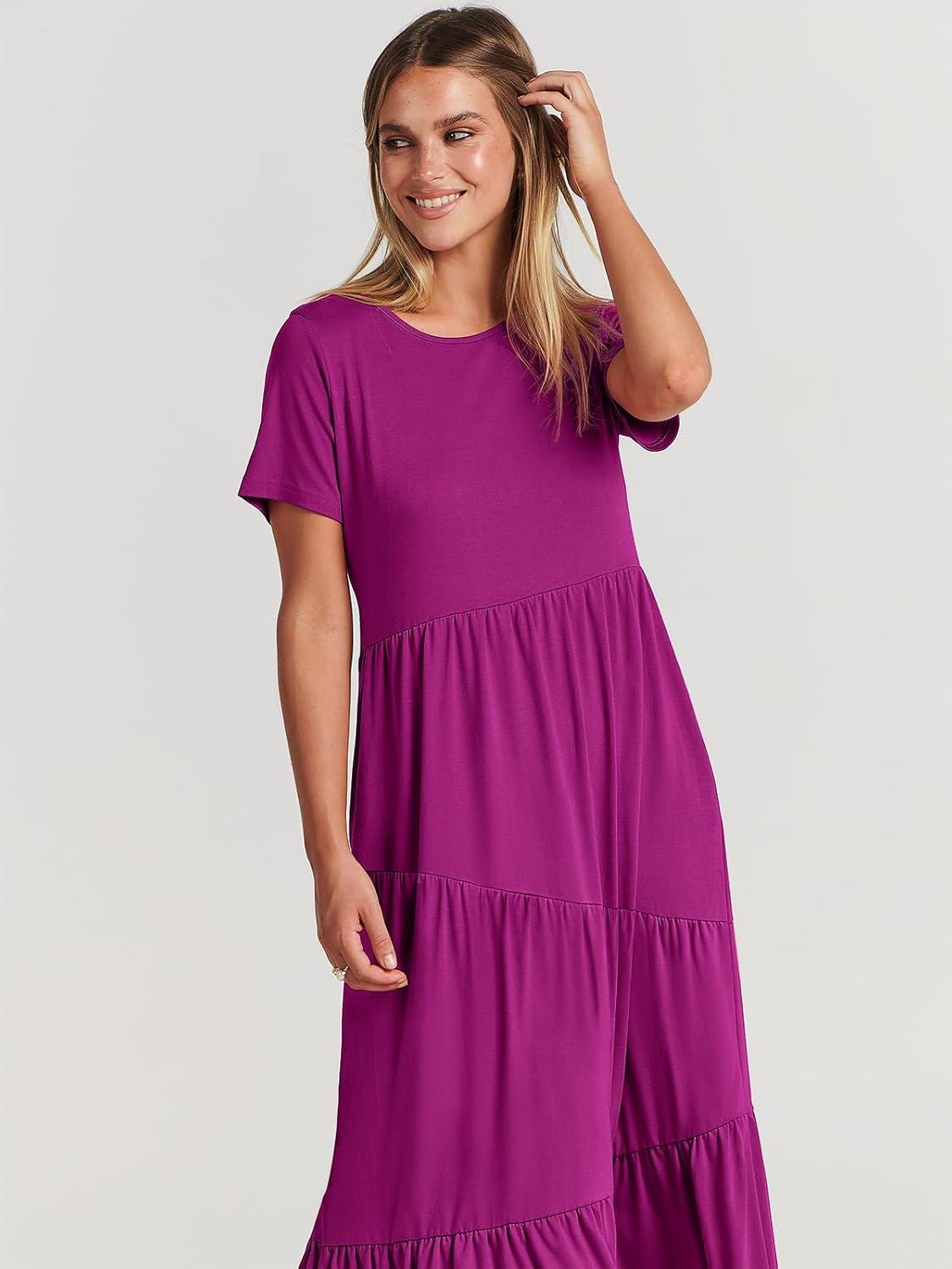 imageANRABESS Women Summer Maxi Dress Short Sleeve Swing Casual Asymmetric Tiered Vacation Long Beach Sundress OutfitsFuchsia