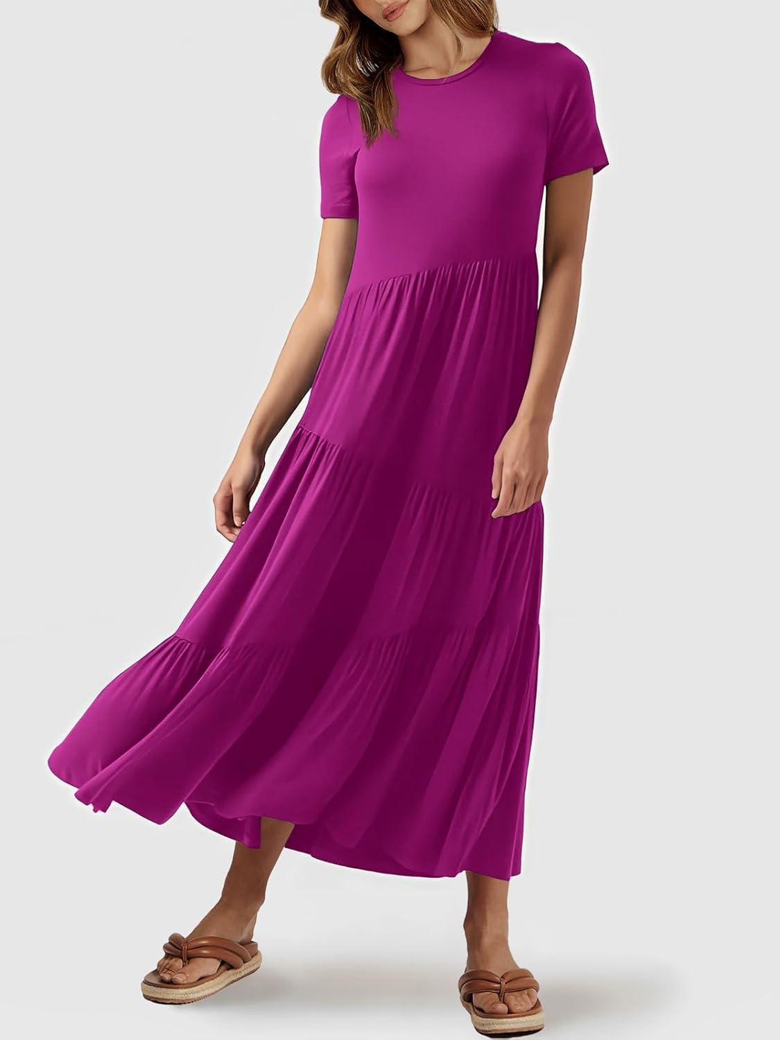 imageANRABESS Women Summer Maxi Dress Short Sleeve Swing Casual Asymmetric Tiered Vacation Long Beach Sundress OutfitsFuchsia
