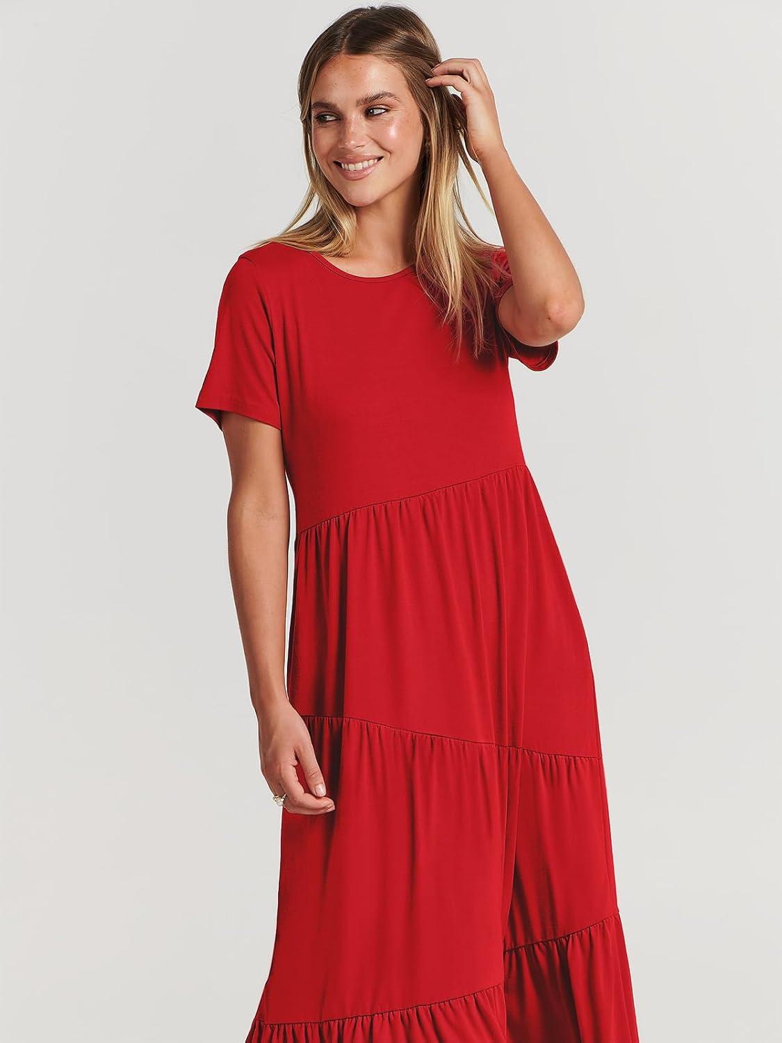 imageANRABESS Women Summer Maxi Dress Short Sleeve Swing Casual Asymmetric Tiered Vacation Long Beach Sundress OutfitsRed