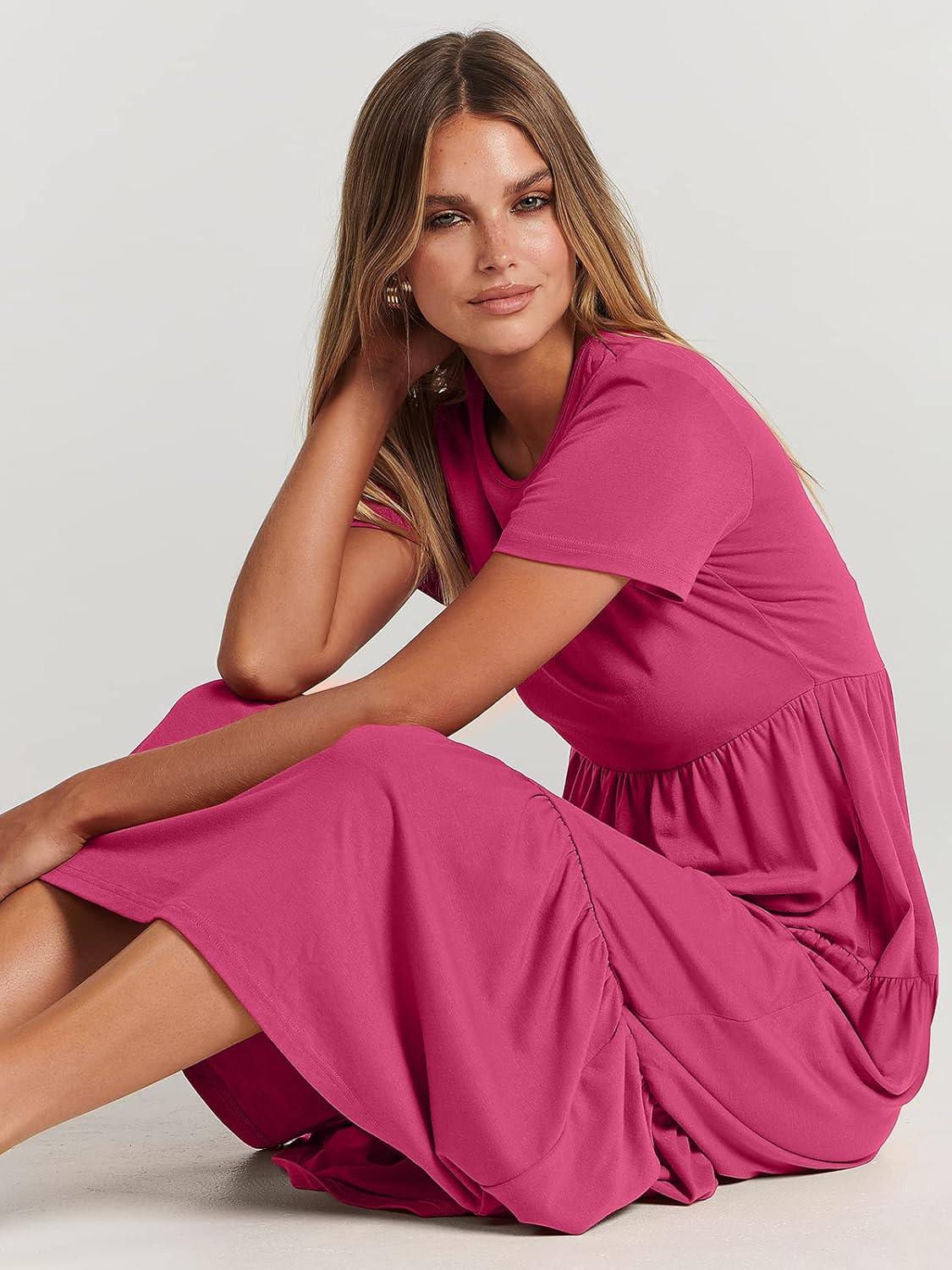 imageANRABESS Women Summer Maxi Dress Short Sleeve Swing Casual Asymmetric Tiered Vacation Long Beach Sundress OutfitsRose