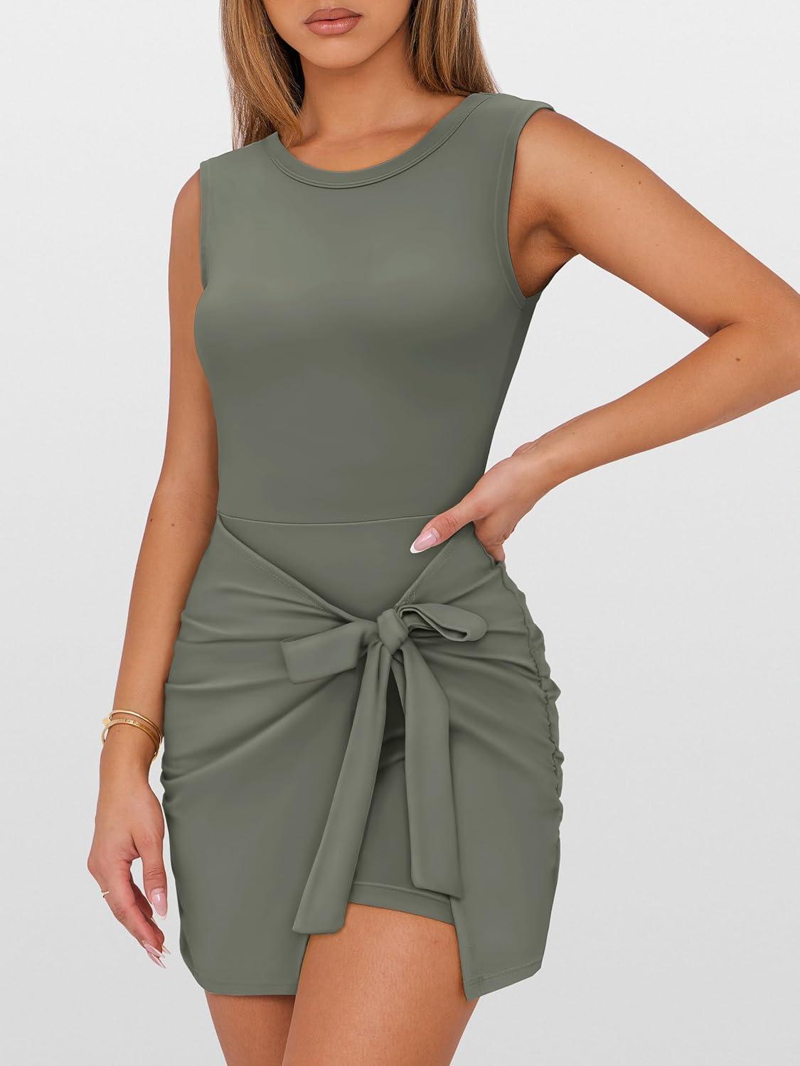imageANRABESS Women Summer Sleeveless Bodycon Tie Waist Romper Skort Mini Tennis Athletic Dress Built Shorts Casual Vacation DressArmy Green