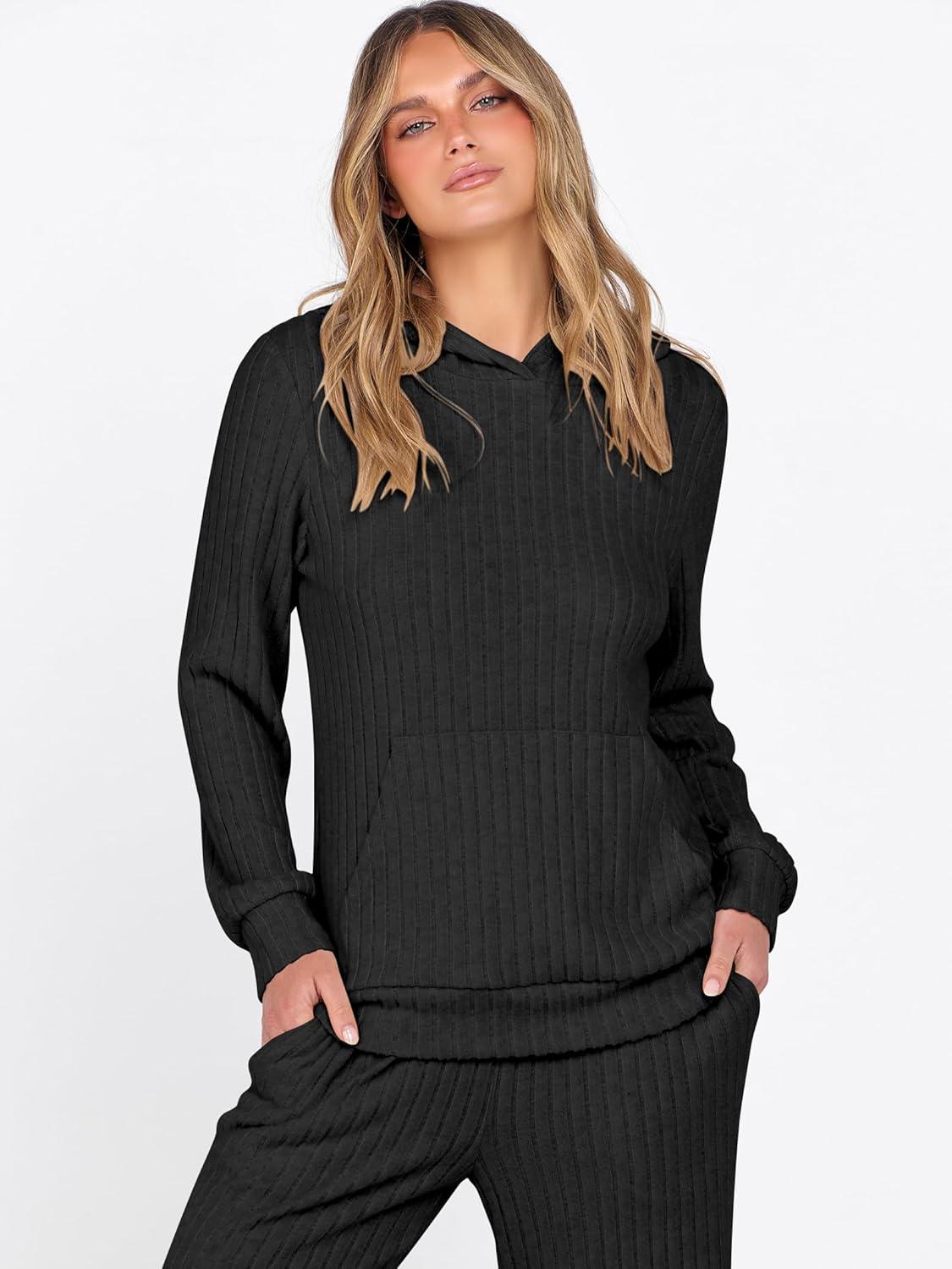 imageANRABESS Womens 2 Piece Lounge Pajama Sets Ribbed Knit Long Sleeve Hoodies Tops Matching Pants Casual Fall Sleepwear OutfitsBlack