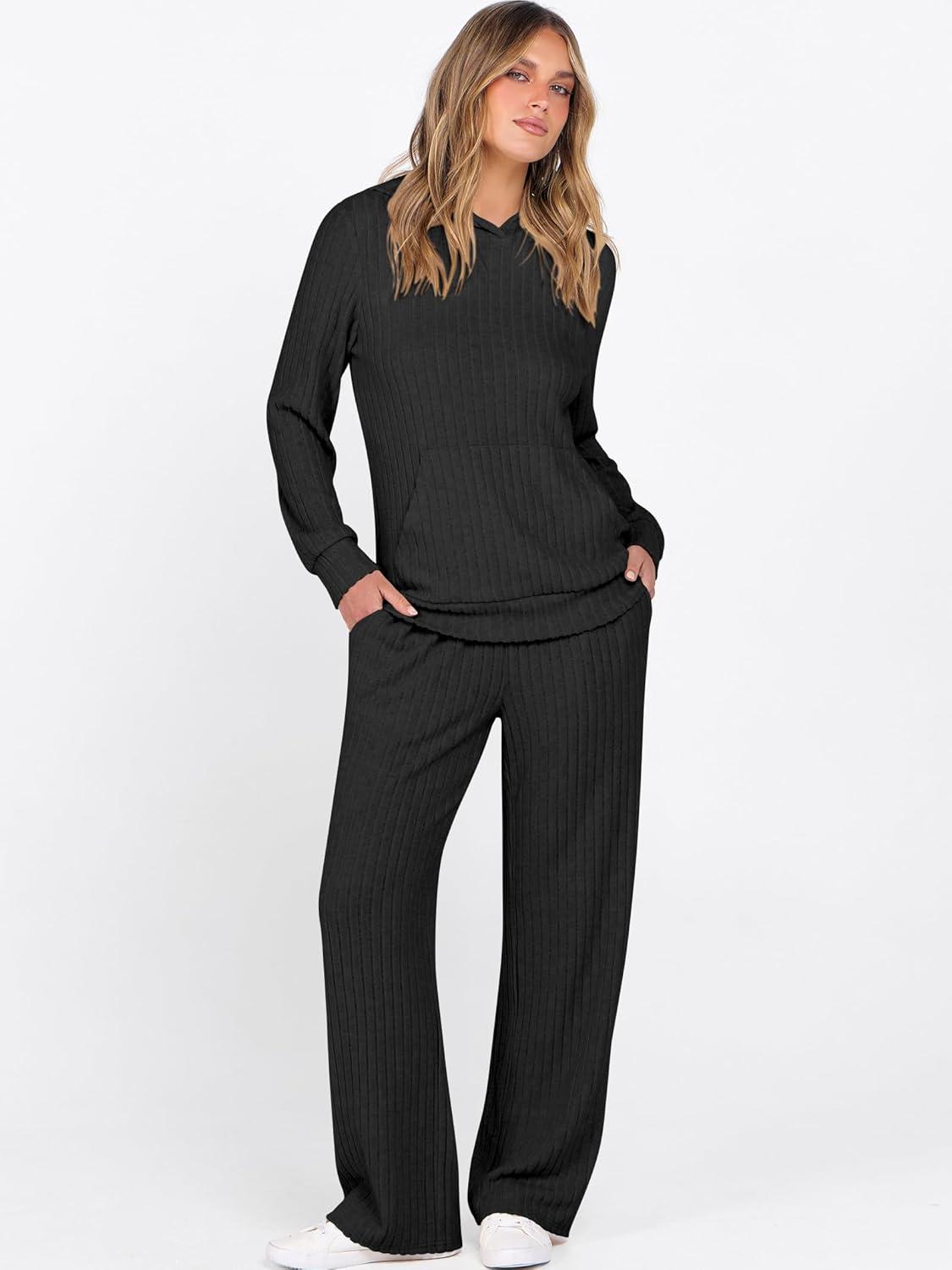 imageANRABESS Womens 2 Piece Lounge Pajama Sets Ribbed Knit Long Sleeve Hoodies Tops Matching Pants Casual Fall Sleepwear OutfitsBlack