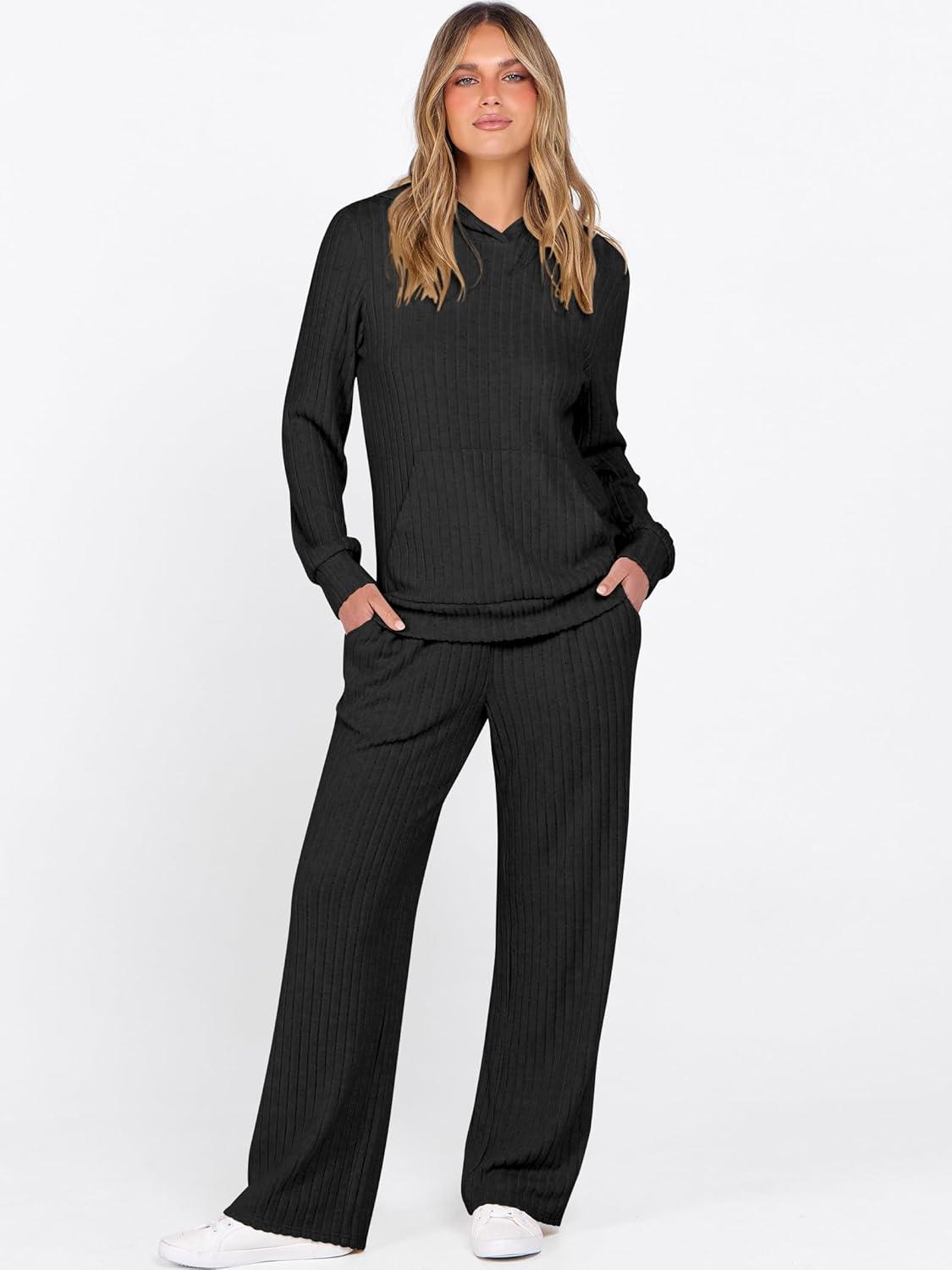 imageANRABESS Womens 2 Piece Lounge Pajama Sets Ribbed Knit Long Sleeve Hoodies Tops Matching Pants Casual Fall Sleepwear OutfitsBlack