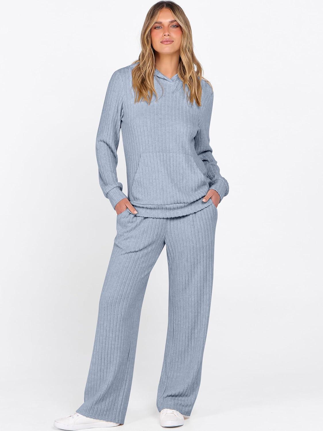 imageANRABESS Womens 2 Piece Lounge Pajama Sets Ribbed Knit Long Sleeve Hoodies Tops Matching Pants Casual Fall Sleepwear OutfitsBlue