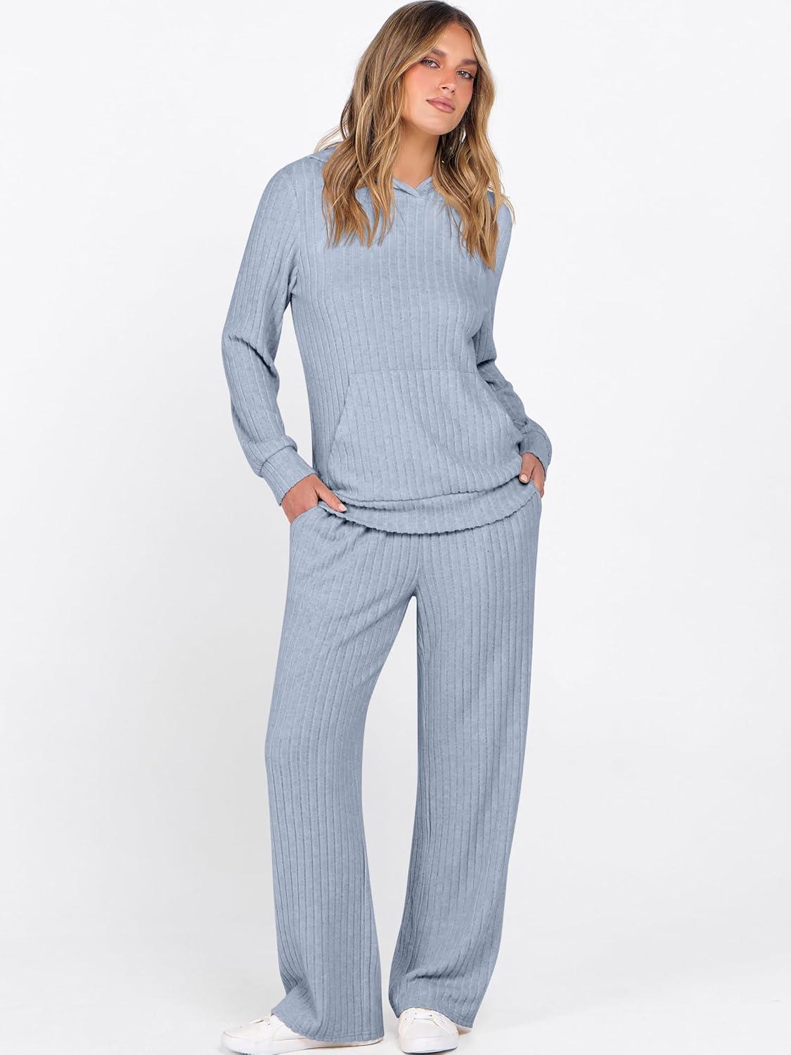 imageANRABESS Womens 2 Piece Lounge Pajama Sets Ribbed Knit Long Sleeve Hoodies Tops Matching Pants Casual Fall Sleepwear OutfitsBlue