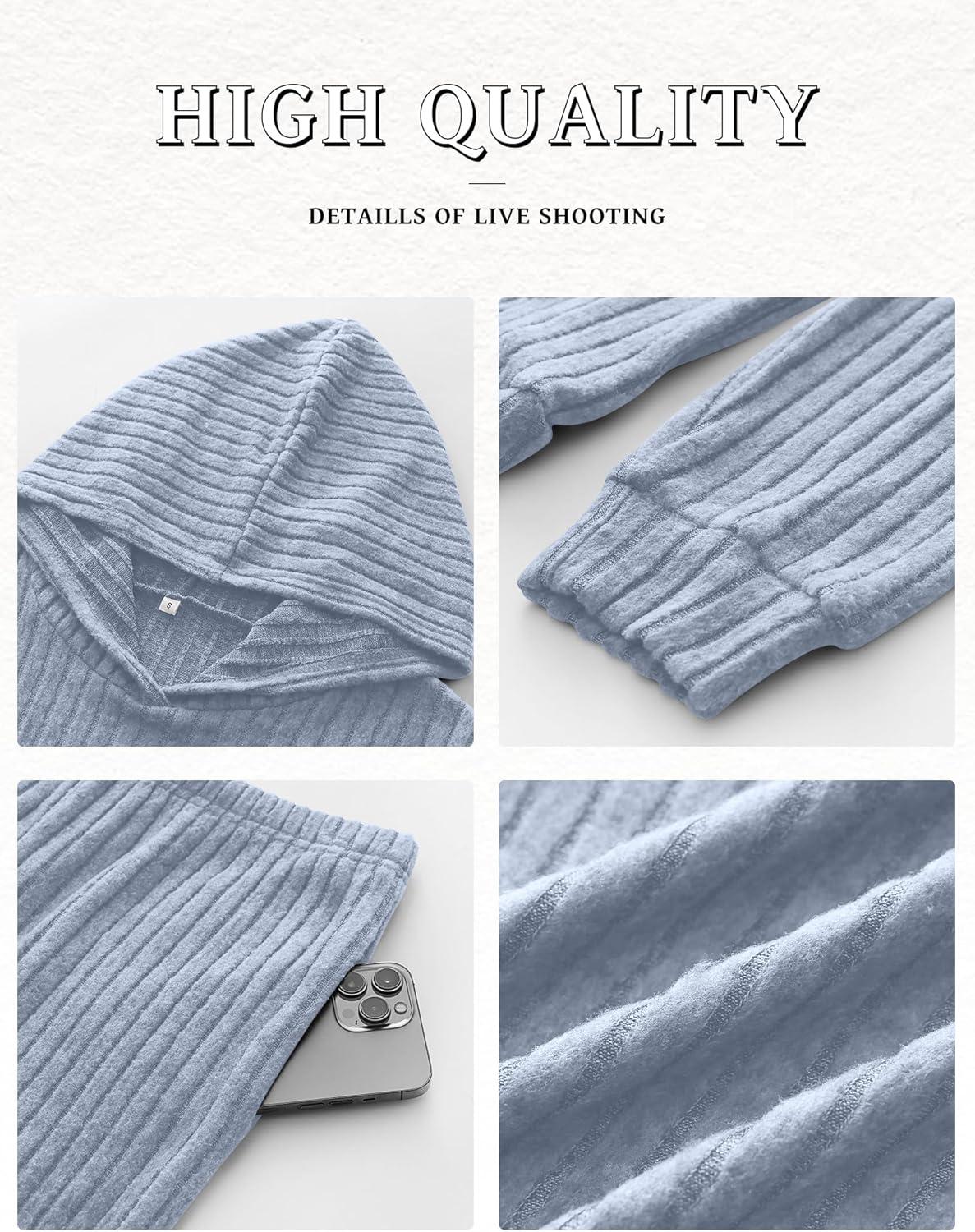 imageANRABESS Womens 2 Piece Lounge Pajama Sets Ribbed Knit Long Sleeve Hoodies Tops Matching Pants Casual Fall Sleepwear OutfitsBlue