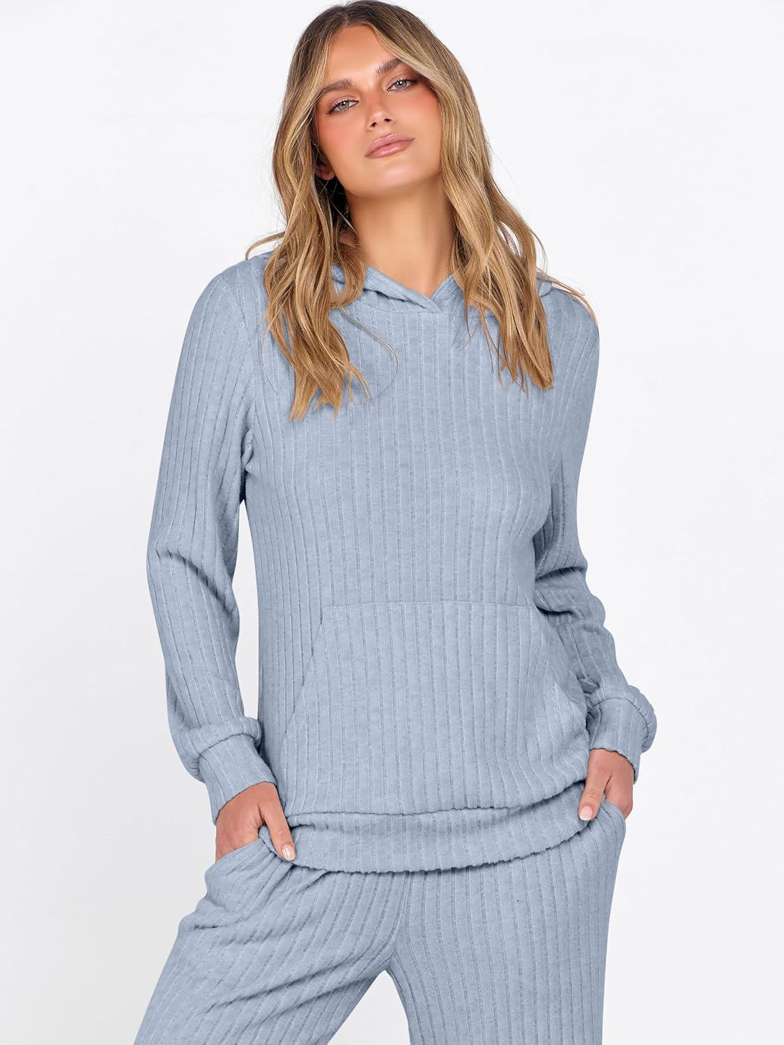 imageANRABESS Womens 2 Piece Lounge Pajama Sets Ribbed Knit Long Sleeve Hoodies Tops Matching Pants Casual Fall Sleepwear OutfitsBlue