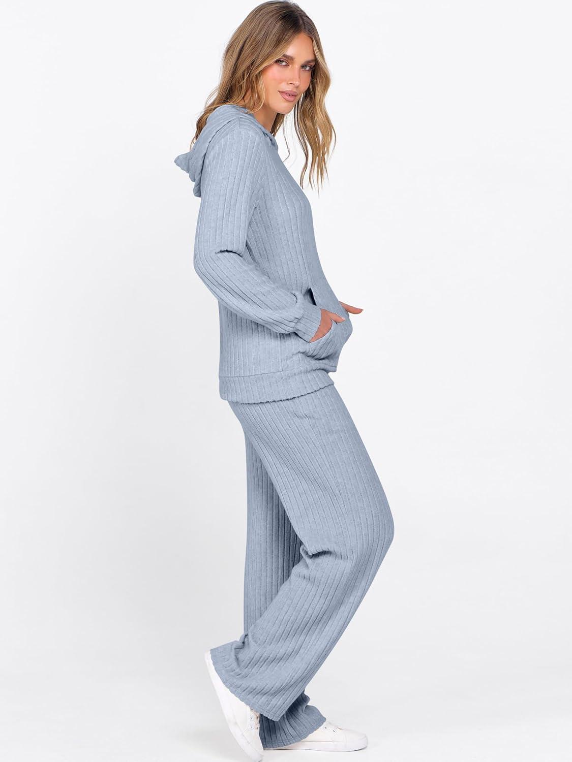 imageANRABESS Womens 2 Piece Lounge Pajama Sets Ribbed Knit Long Sleeve Hoodies Tops Matching Pants Casual Fall Sleepwear OutfitsBlue