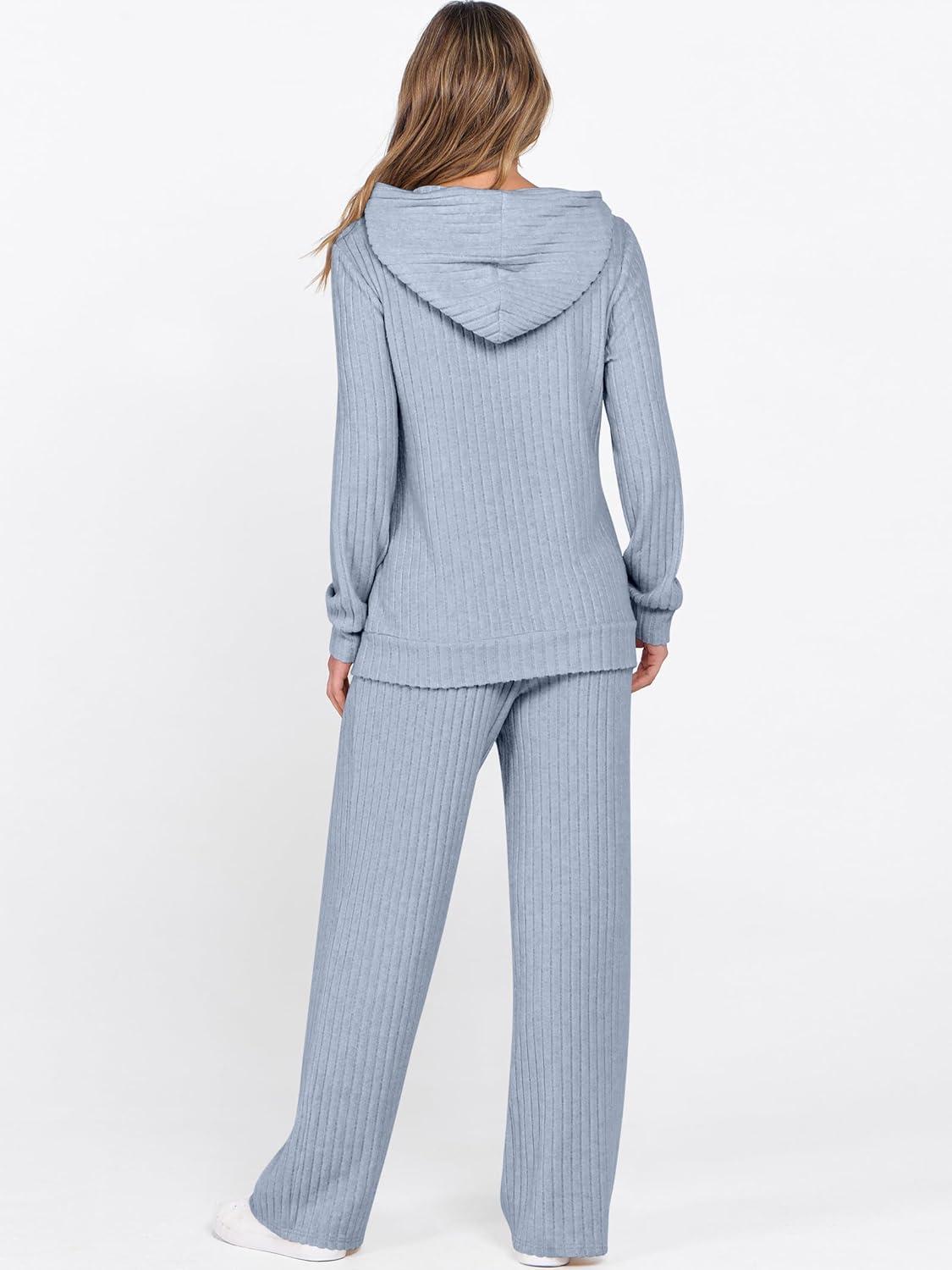 imageANRABESS Womens 2 Piece Lounge Pajama Sets Ribbed Knit Long Sleeve Hoodies Tops Matching Pants Casual Fall Sleepwear OutfitsBlue