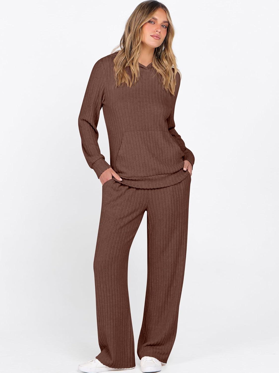 imageANRABESS Womens 2 Piece Lounge Pajama Sets Ribbed Knit Long Sleeve Hoodies Tops Matching Pants Casual Fall Sleepwear OutfitsBrown