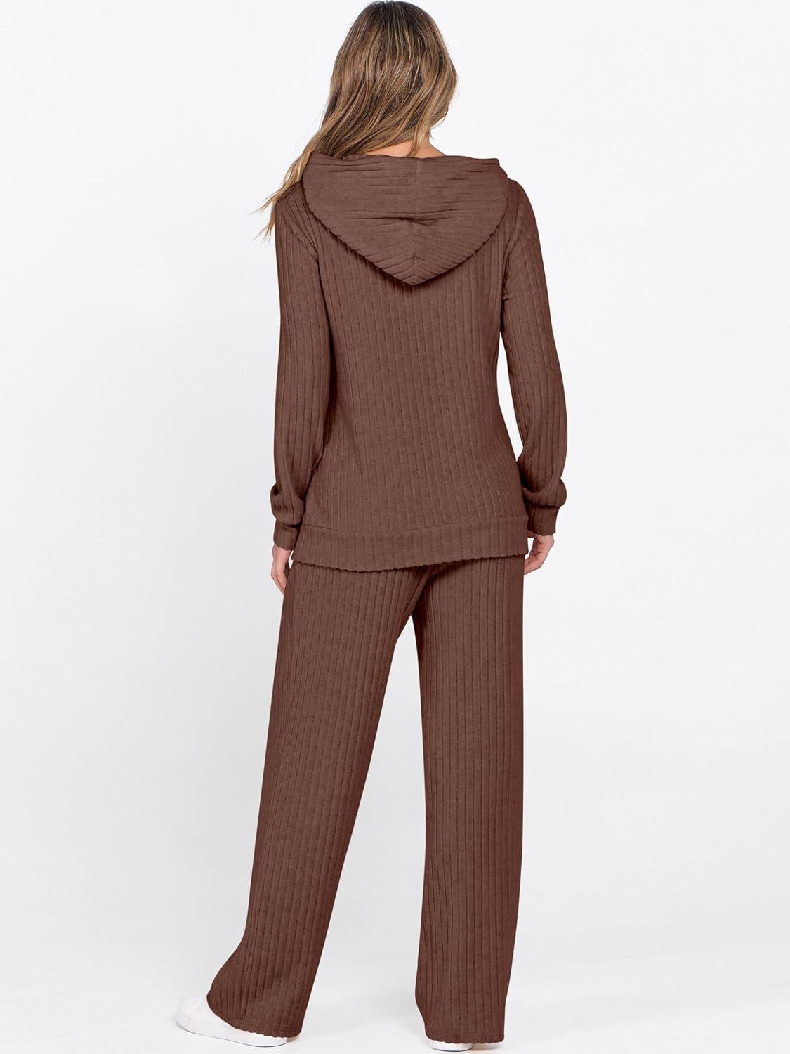 imageANRABESS Womens 2 Piece Lounge Pajama Sets Ribbed Knit Long Sleeve Hoodies Tops Matching Pants Casual Fall Sleepwear OutfitsBrown