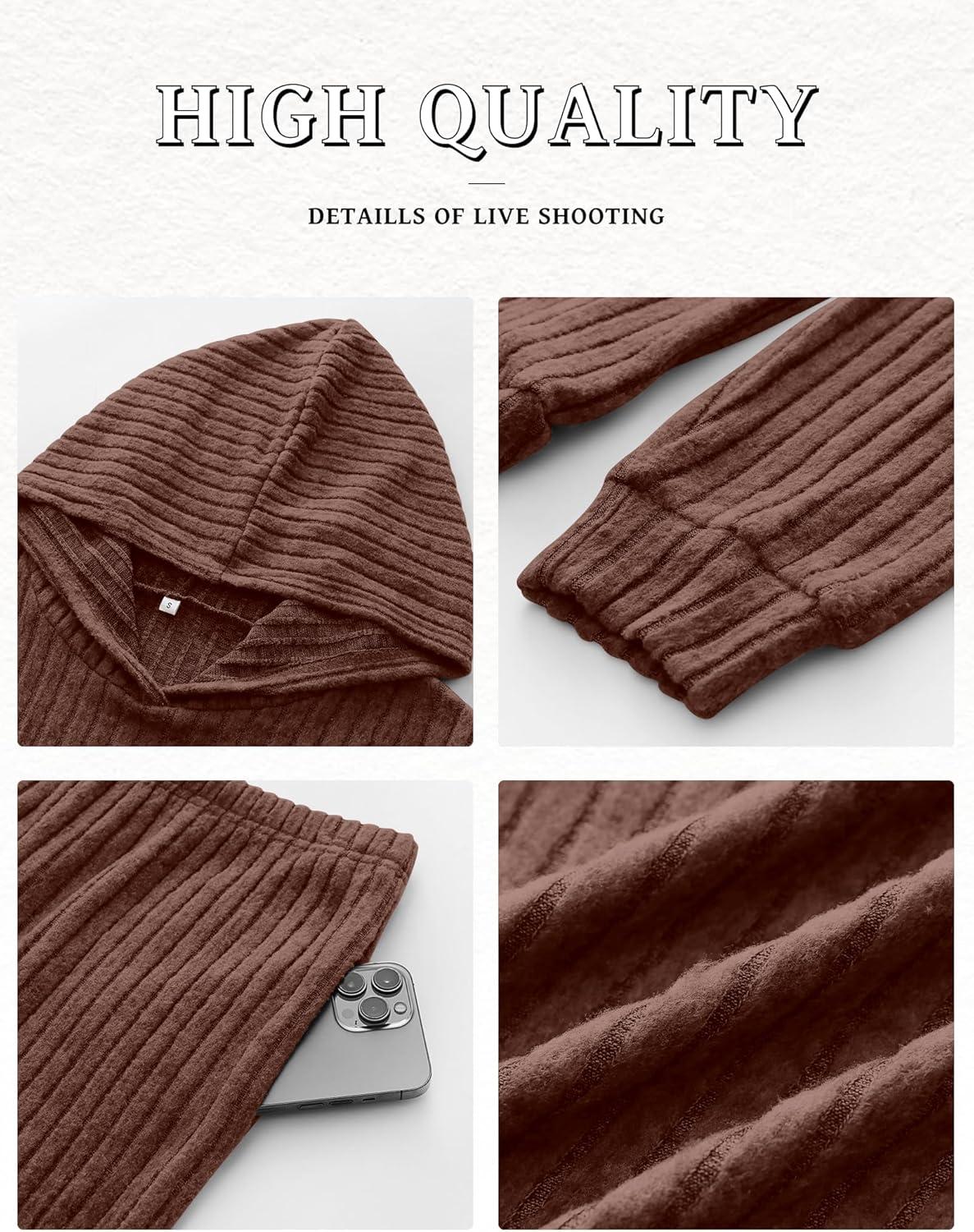 imageANRABESS Womens 2 Piece Lounge Pajama Sets Ribbed Knit Long Sleeve Hoodies Tops Matching Pants Casual Fall Sleepwear OutfitsBrown