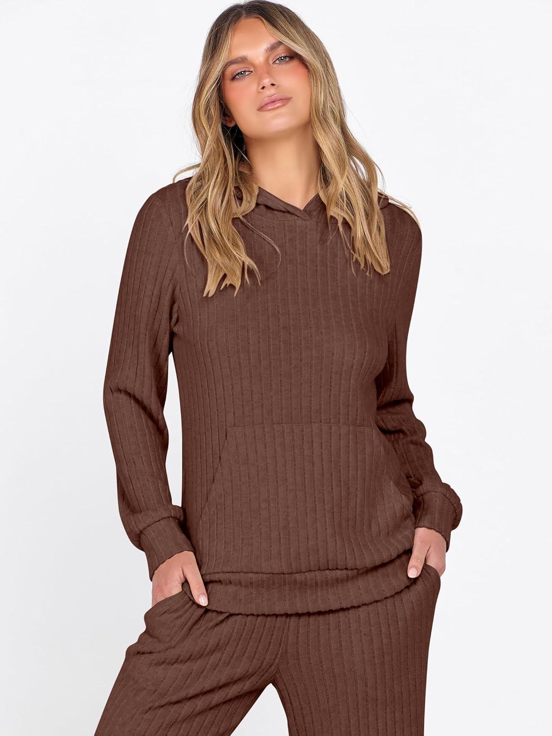 imageANRABESS Womens 2 Piece Lounge Pajama Sets Ribbed Knit Long Sleeve Hoodies Tops Matching Pants Casual Fall Sleepwear OutfitsBrown
